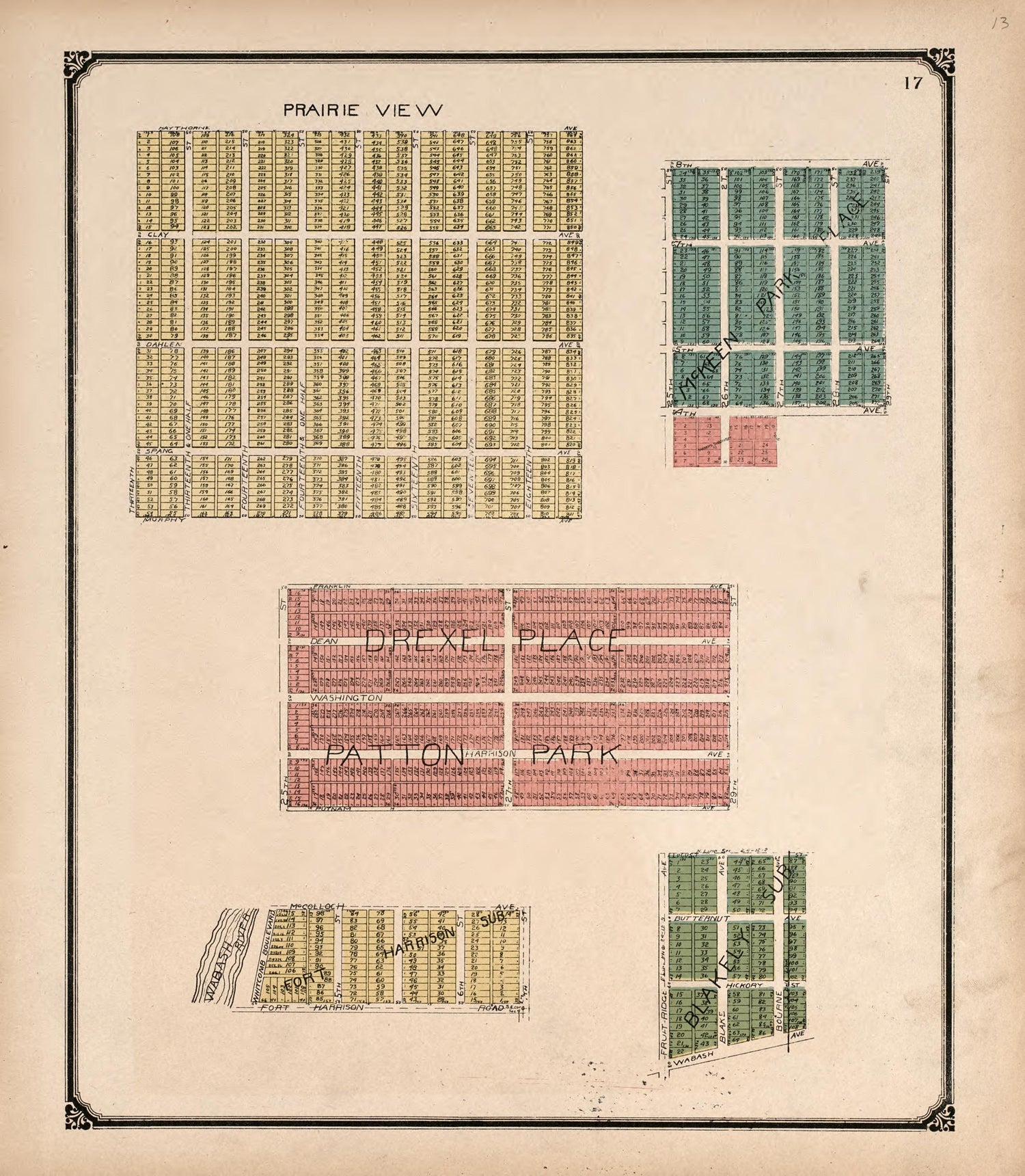 Prairie View, Drexel Place, &amp; Patton Park from Standard Atlas of Vigo County, Indiana : Including a Plat Book of the Villages, Cities and Townships of the County, Map of State and United States and World 1907 by Relic Map Company