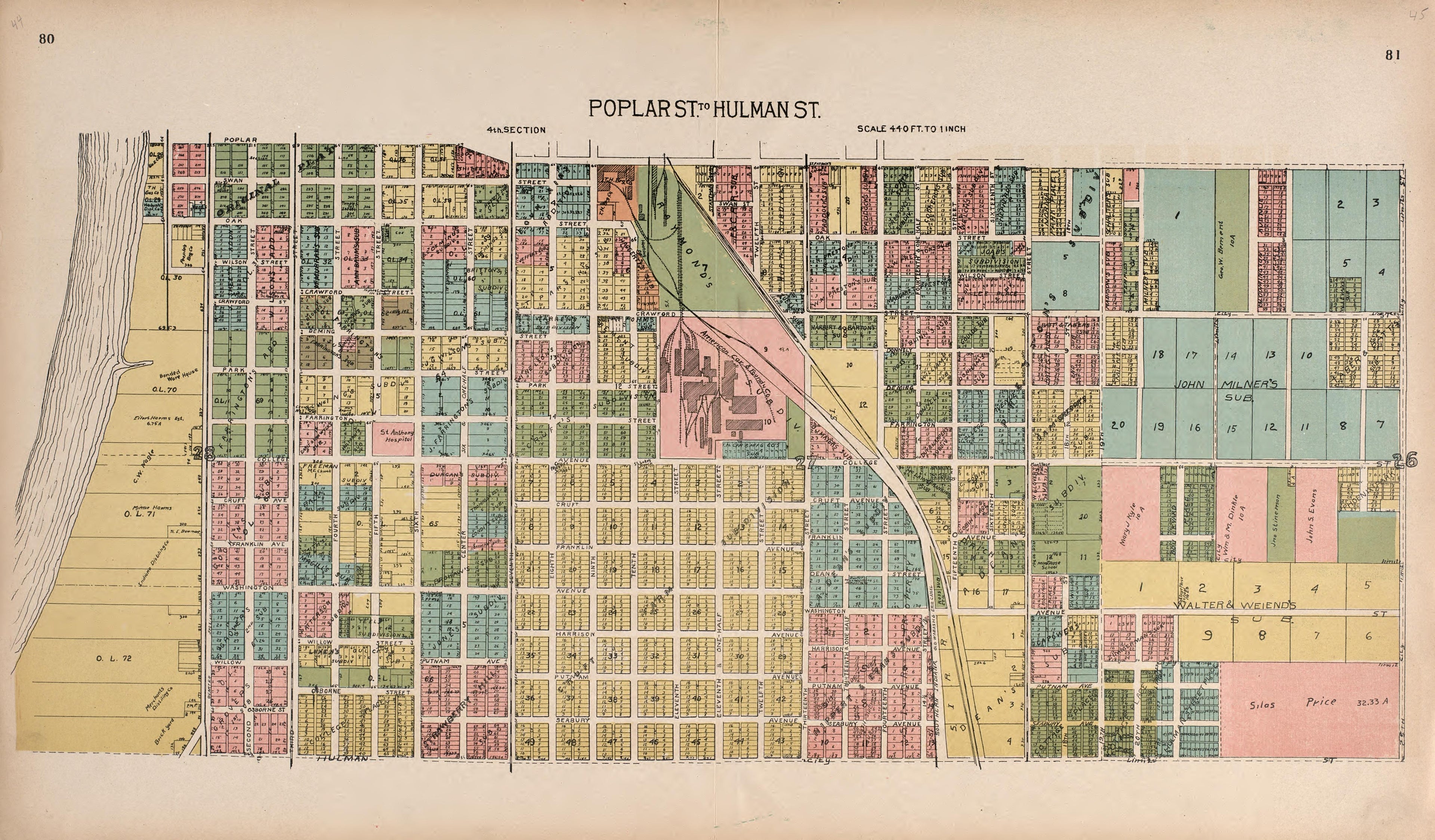 Poplar Street to Hulman Street from Standard Atlas of Vigo County, Indiana : Including a Plat Book of the Villages, Cities and Townships of the County, Map of State and United States and World 1907 by Relic Map Company
