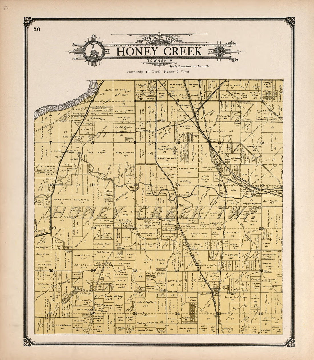 Honey Creek Township from Standard Atlas of Vigo County, Indiana : Including a Plat Book of the Villages, Cities and Townships of the County, Map of State and United States and World 1907 by Relic Map Company