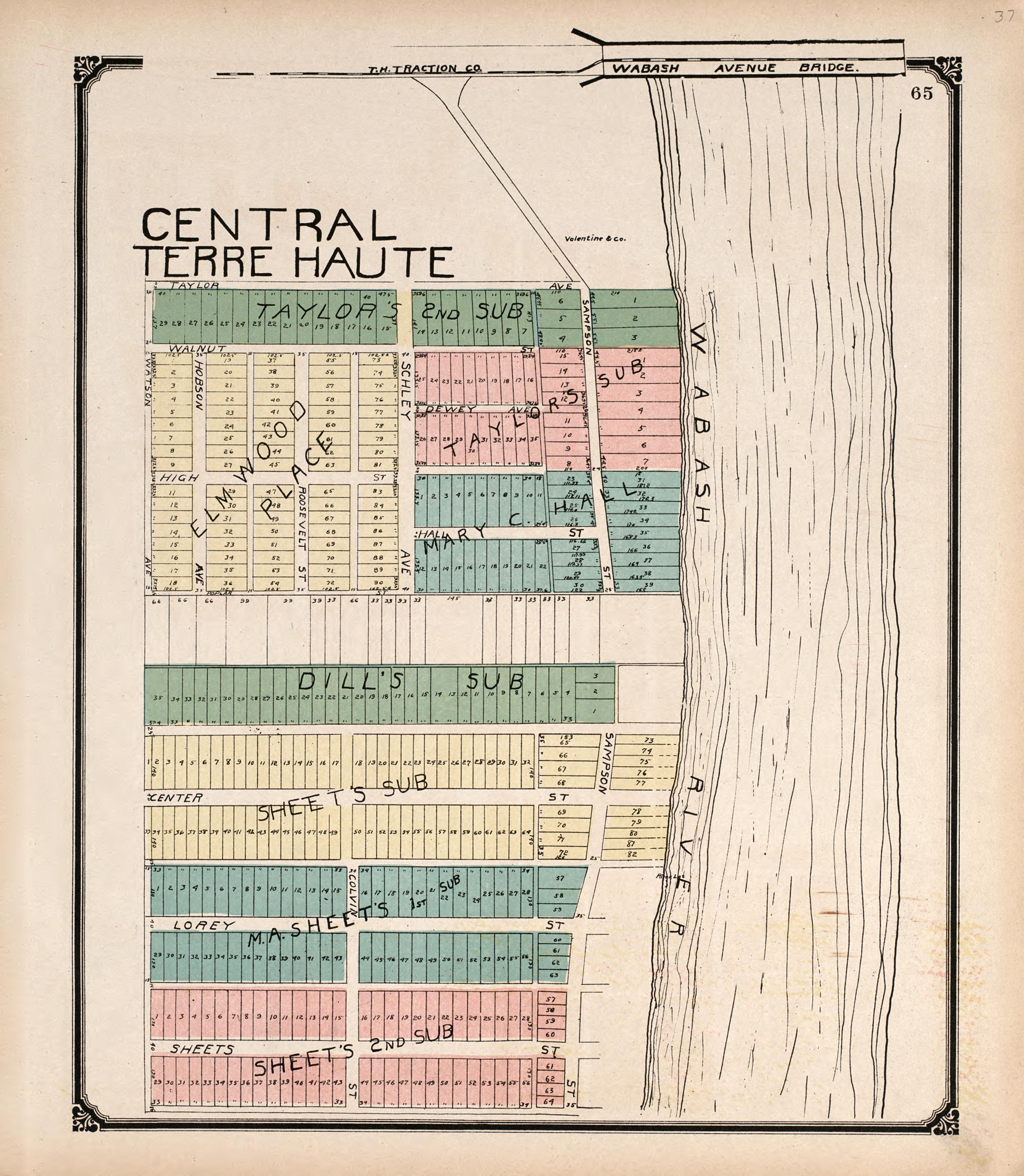 Central Terre Haute from Standard Atlas of Vigo County, Indiana : Including a Plat Book of the Villages, Cities and Townships of the County, Map of State and United States and World 1907 by Relic Map Company