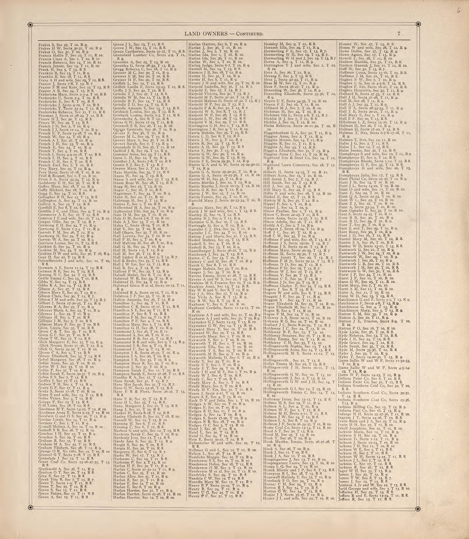 Land Owners (Continued) from Standard Atlas of Vigo County, Indiana : Including a Plat Book of the Villages, Cities and Townships of the County, Map of State and United States and World 1907 by Relic Map Company
