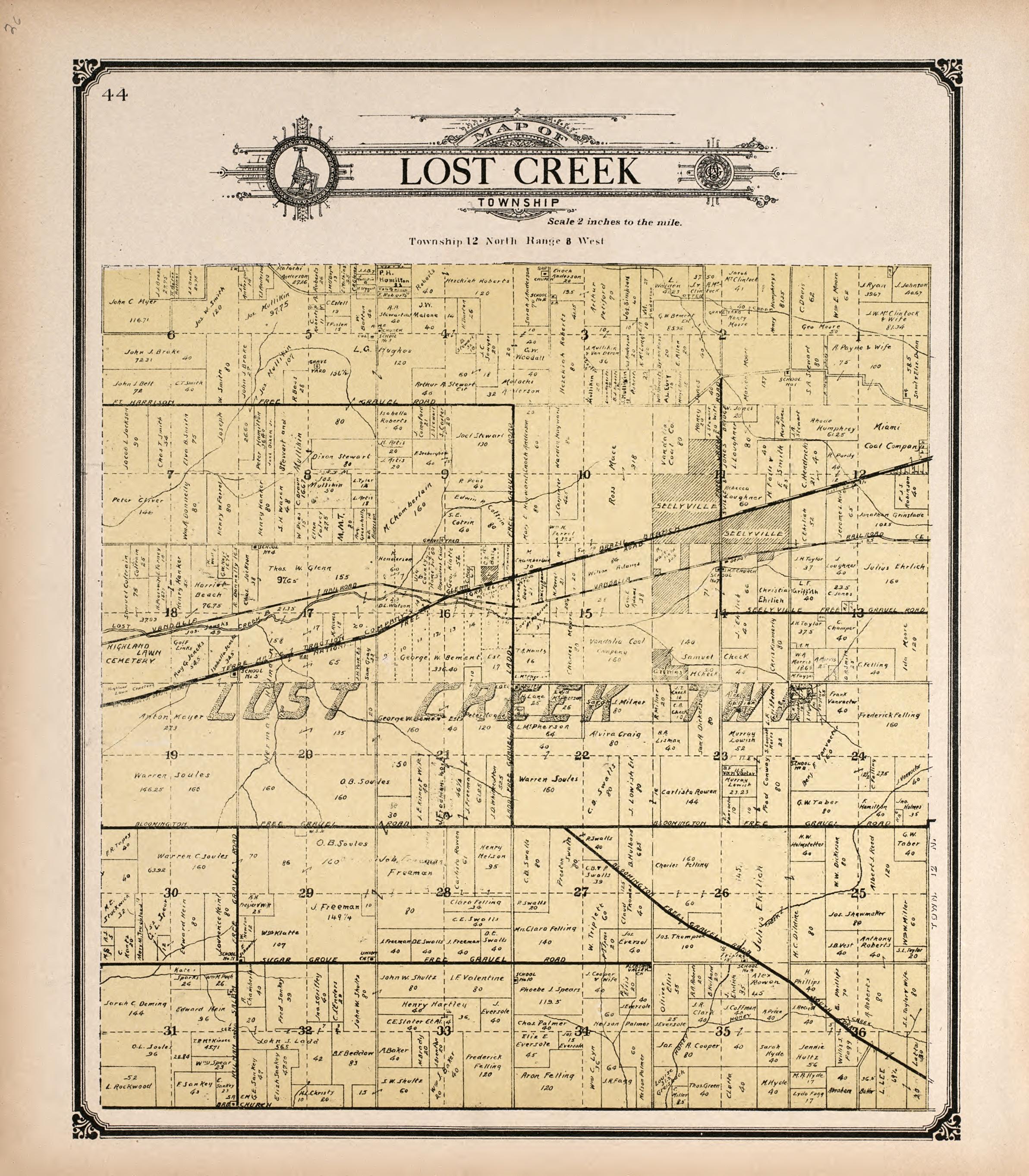 Lost Creek Township from Standard Atlas of Vigo County, Indiana : Including a Plat Book of the Villages, Cities and Townships of the County, Map of State and United States and World 1907 by Relic Map Company