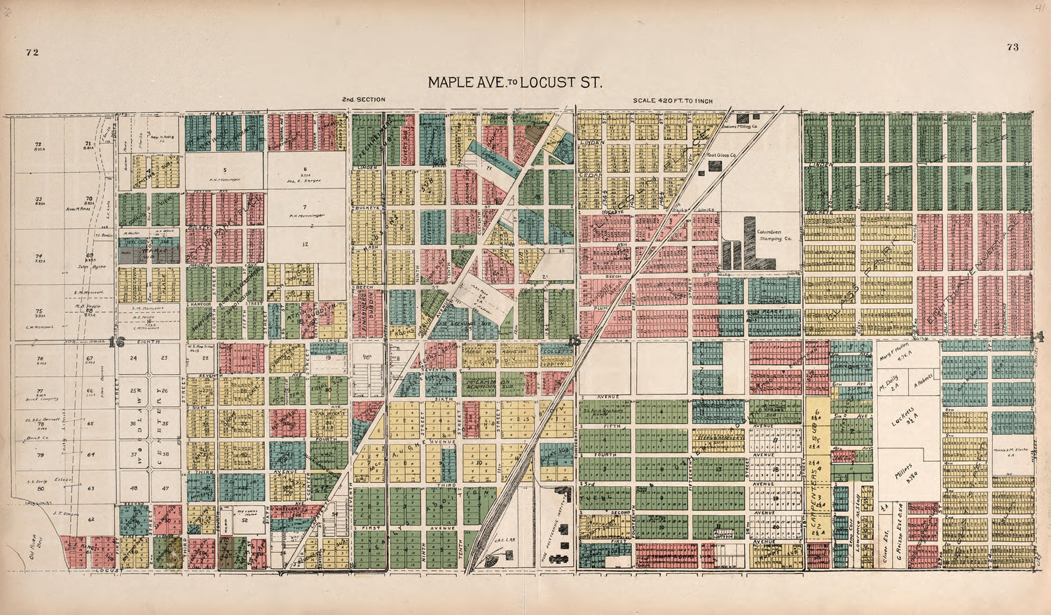 Maple Avenue to Locust Street from Standard Atlas of Vigo County, Indiana : Including a Plat Book of the Villages, Cities and Townships of the County, Map of State and United States and World 1907 by Relic Map Company