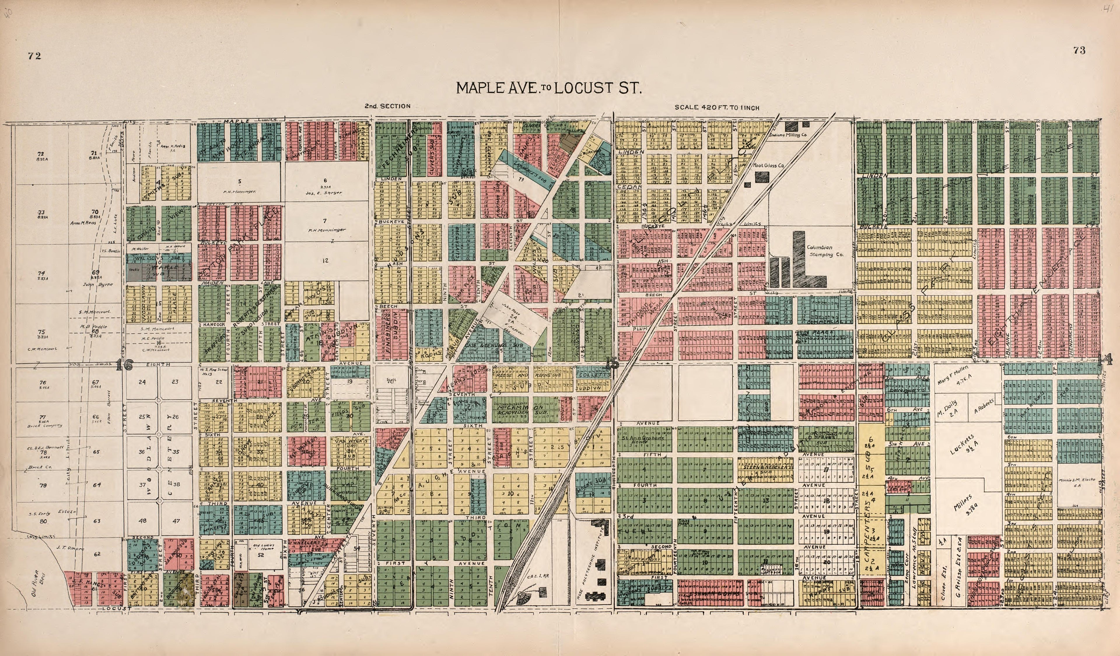 Maple Avenue to Locust Street from Standard Atlas of Vigo County, Indiana : Including a Plat Book of the Villages, Cities and Townships of the County, Map of State and United States and World 1907 by Relic Map Company
