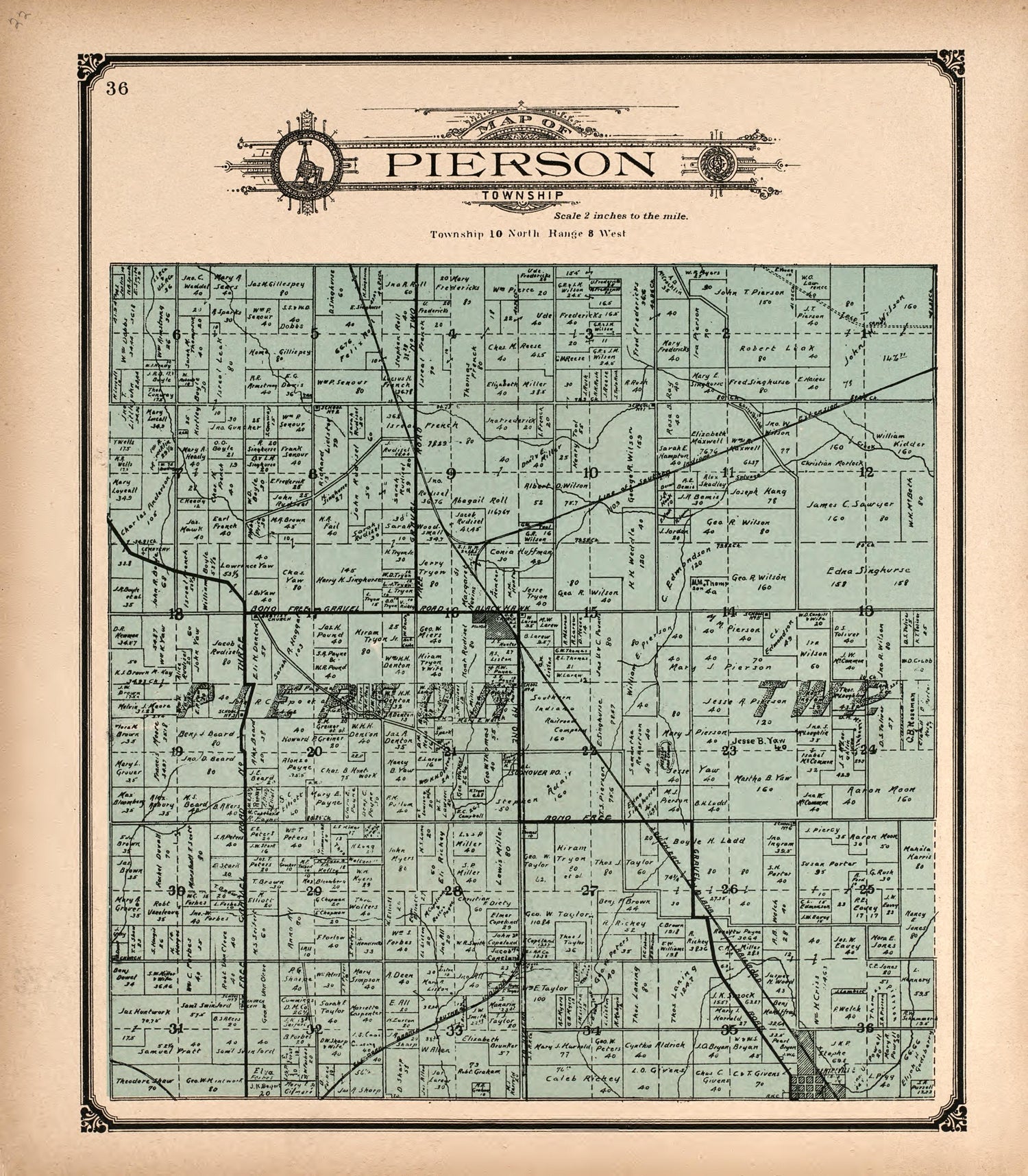 Pierson Township from Standard Atlas of Vigo County, Indiana : Including a Plat Book of the Villages, Cities and Townships of the County, Map of State and United States and World 1907 by Relic Map Company