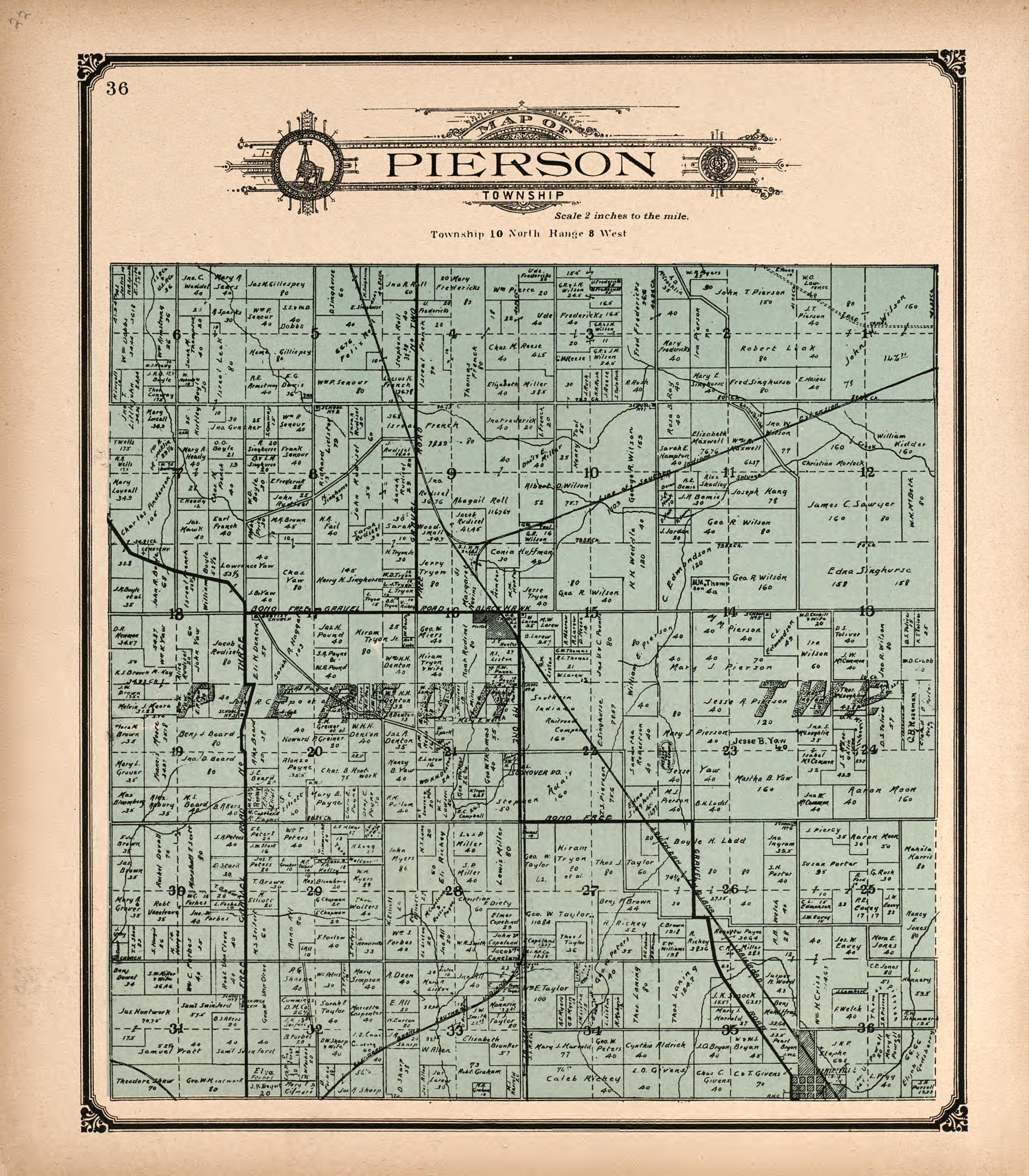 Pierson Township from Standard Atlas of Vigo County, Indiana : Including a Plat Book of the Villages, Cities and Townships of the County, Map of State and United States and World 1907 by Relic Map Company