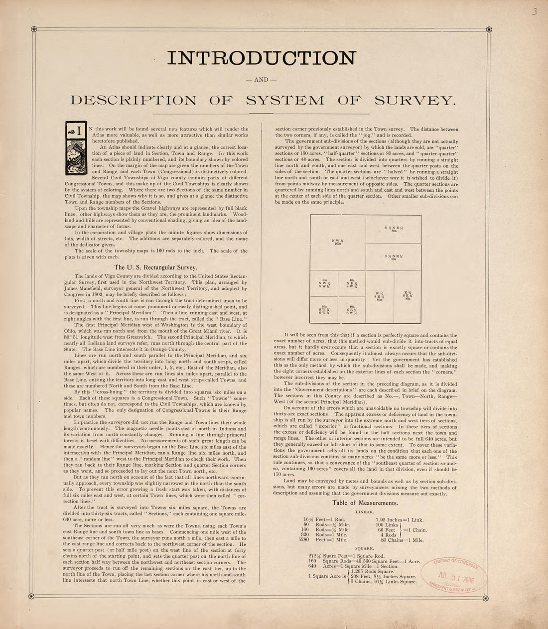Introduction &amp; Description of System of Survey from Standard Atlas of Vigo County, Indiana : Including a Plat Book of the Villages, Cities and Townships of the County, Map of State and United States and World 1907 by Relic Map Company