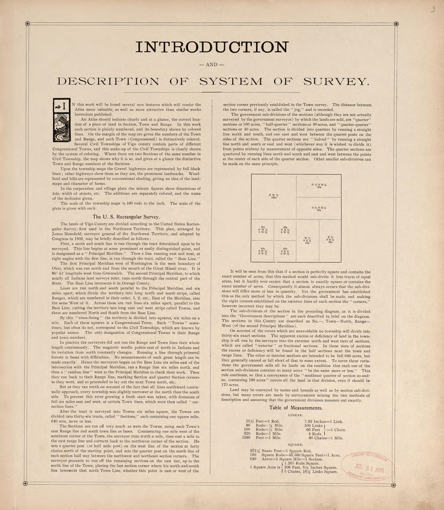 Introduction &amp; Description of System of Survey from Standard Atlas of Vigo County, Indiana : Including a Plat Book of the Villages, Cities and Townships of the County, Map of State and United States and World 1907 by Relic Map Company