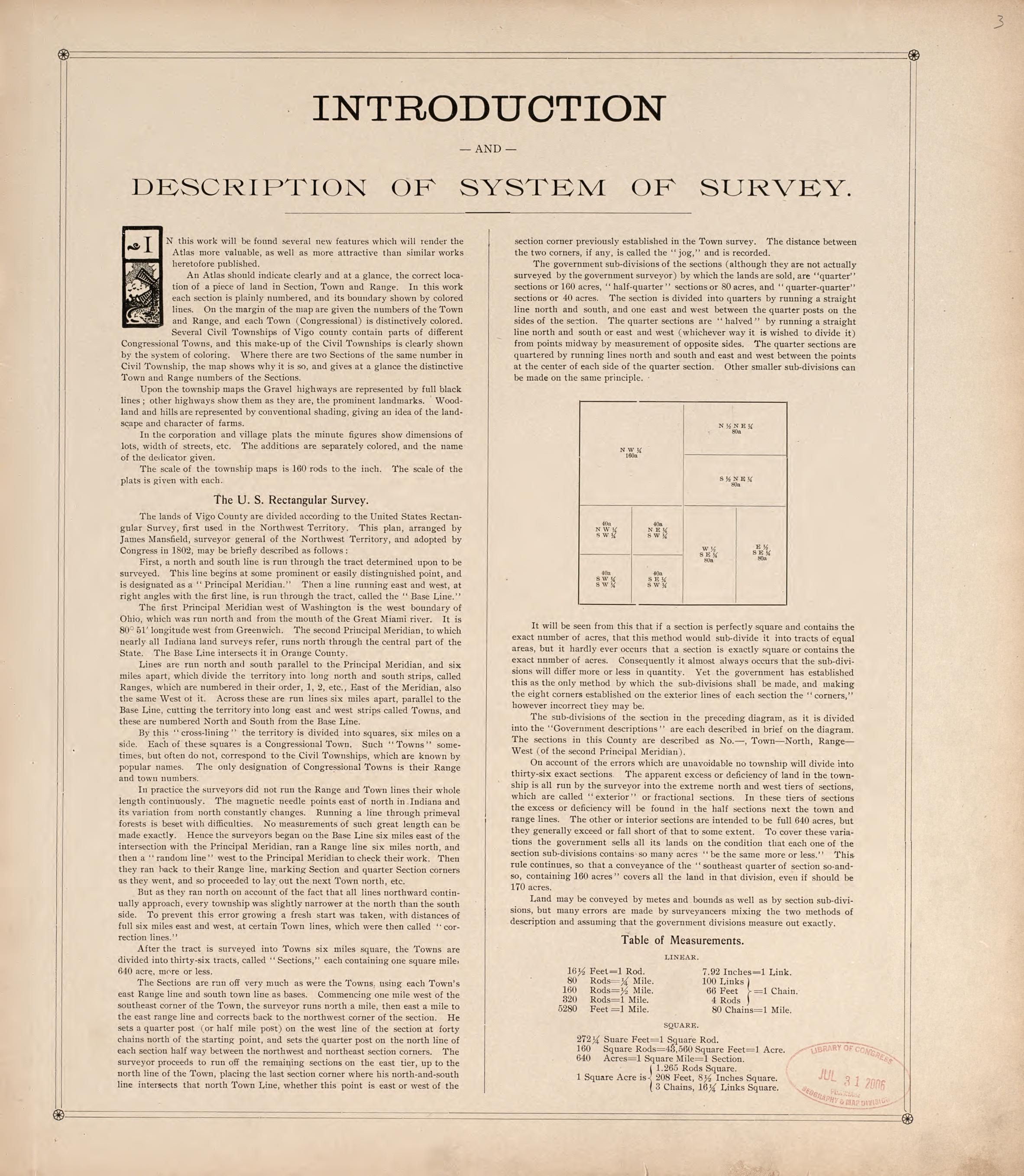 Introduction &amp; Description of System of Survey from Standard Atlas of Vigo County, Indiana : Including a Plat Book of the Villages, Cities and Townships of the County, Map of State and United States and World 1907 by Relic Map Company