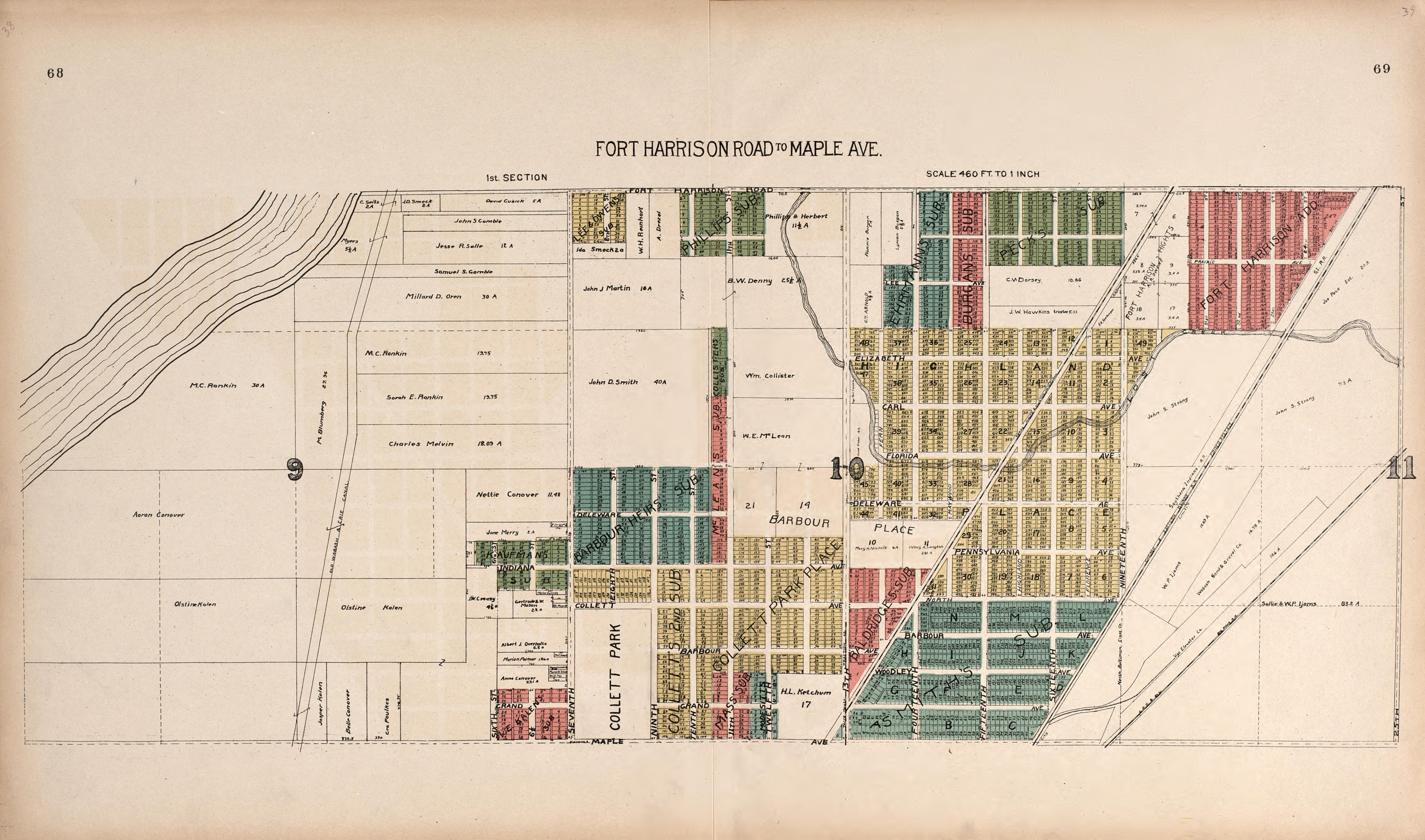 Fort Harrison Road to Maple Avenue from Standard Atlas of Vigo County, Indiana : Including a Plat Book of the Villages, Cities and Townships of the County, Map of State and United States and World 1907 by Relic Map Company
