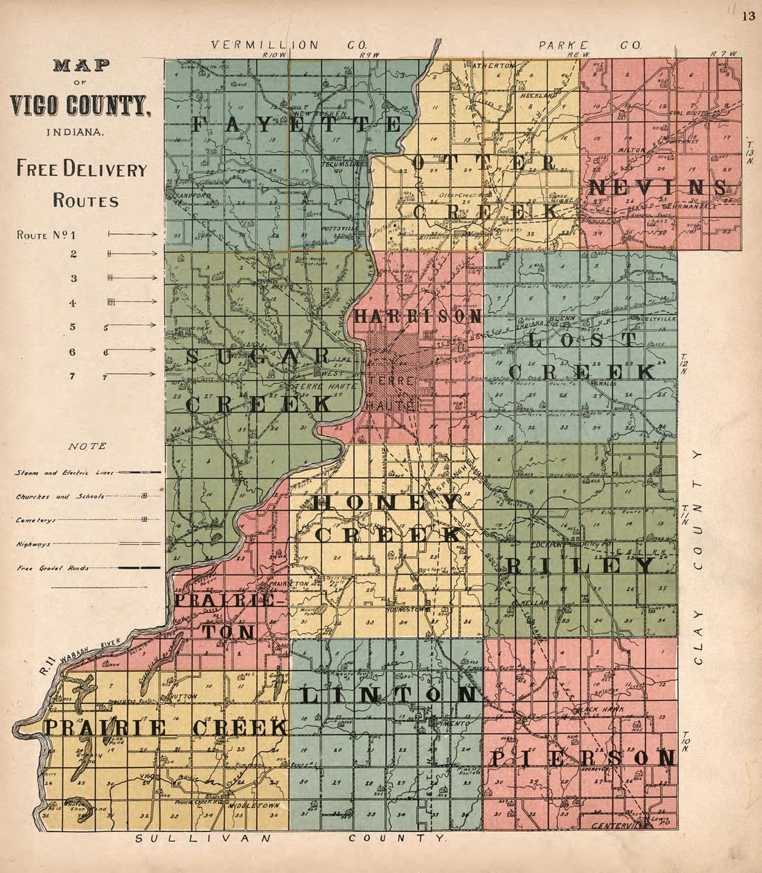 Map of Vigo County, Indiana Free Delivery Routes from Standard Atlas of Vigo County, Indiana : Including a Plat Book of the Villages, Cities and Townships of the County, Map of State and United States and World 1907 by Relic Map Company