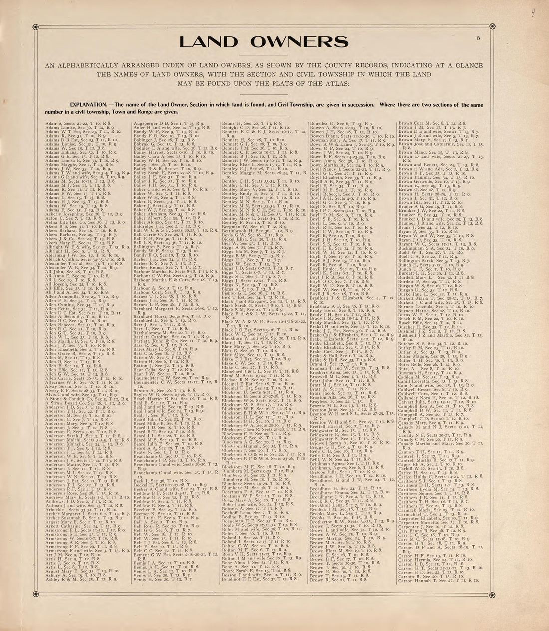 Alphabetical List of Land Owners from Standard Atlas of Vigo County, Indiana : Including a Plat Book of the Villages, Cities and Townships of the County, Map of State and United States and World 1907 by Relic Map Company