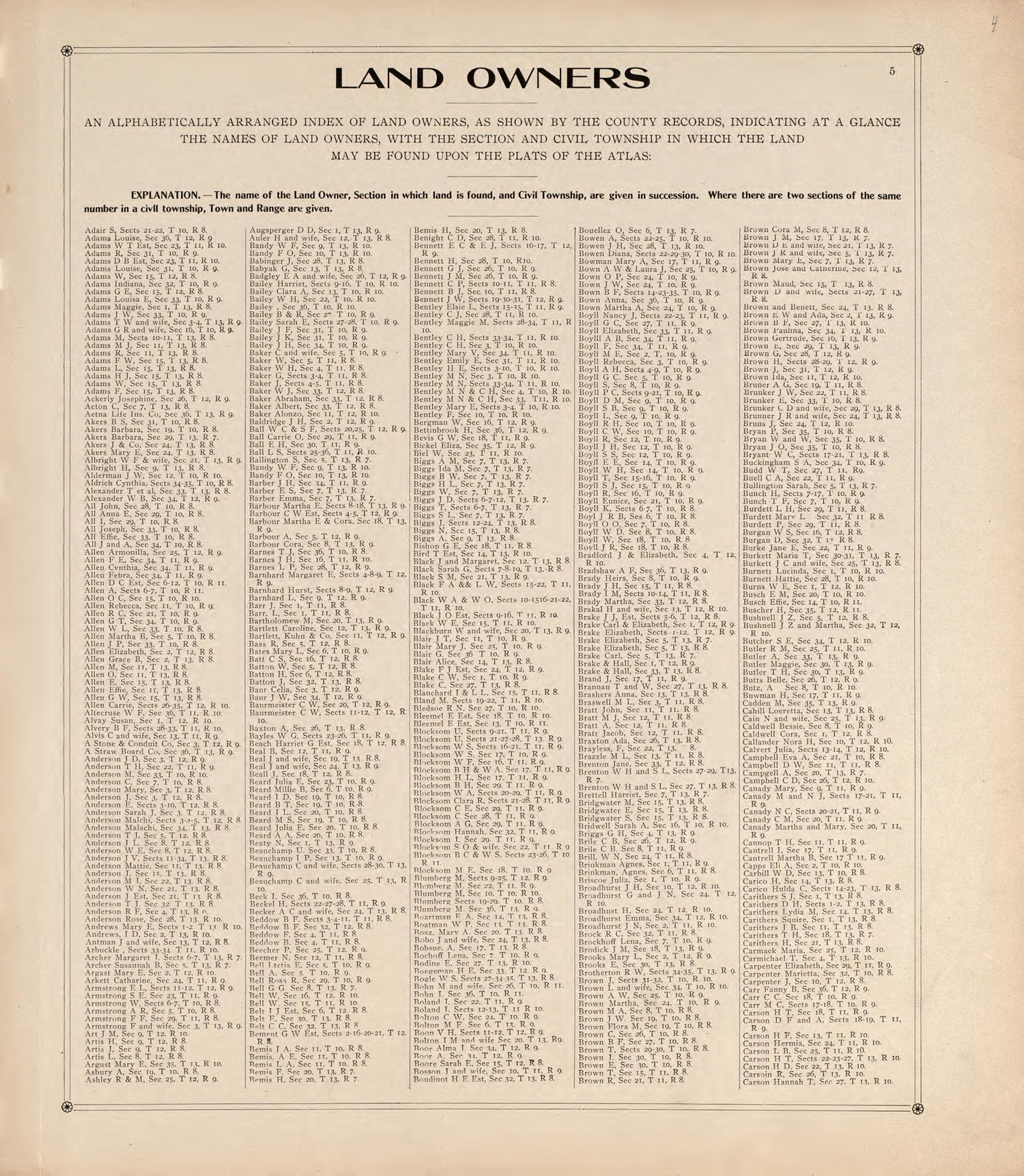 Alphabetical List of Land Owners from Standard Atlas of Vigo County, Indiana : Including a Plat Book of the Villages, Cities and Townships of the County, Map of State and United States and World 1907 by Relic Map Company