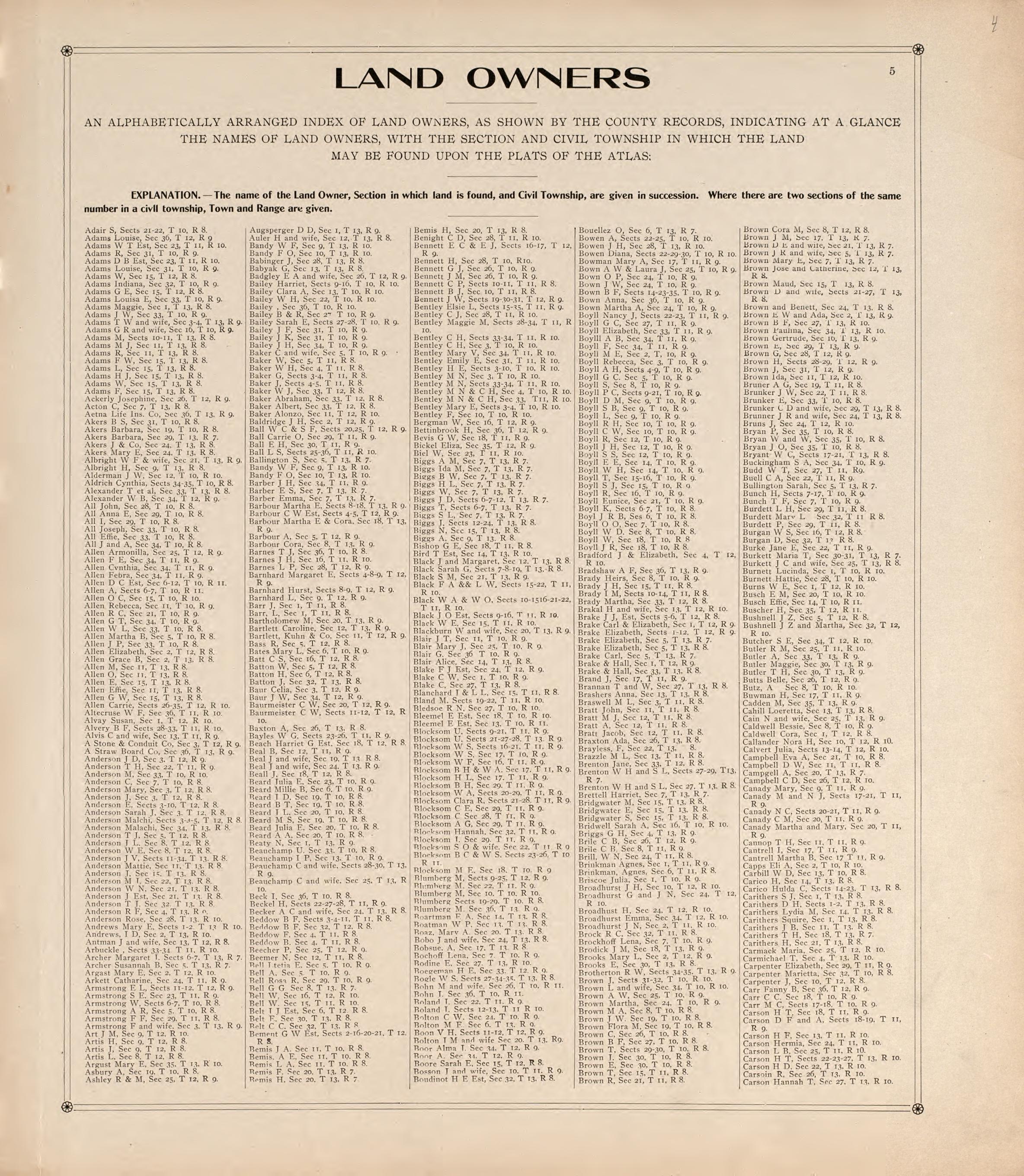 Alphabetical List of Land Owners from Standard Atlas of Vigo County, Indiana : Including a Plat Book of the Villages, Cities and Townships of the County, Map of State and United States and World 1907 by Relic Map Company