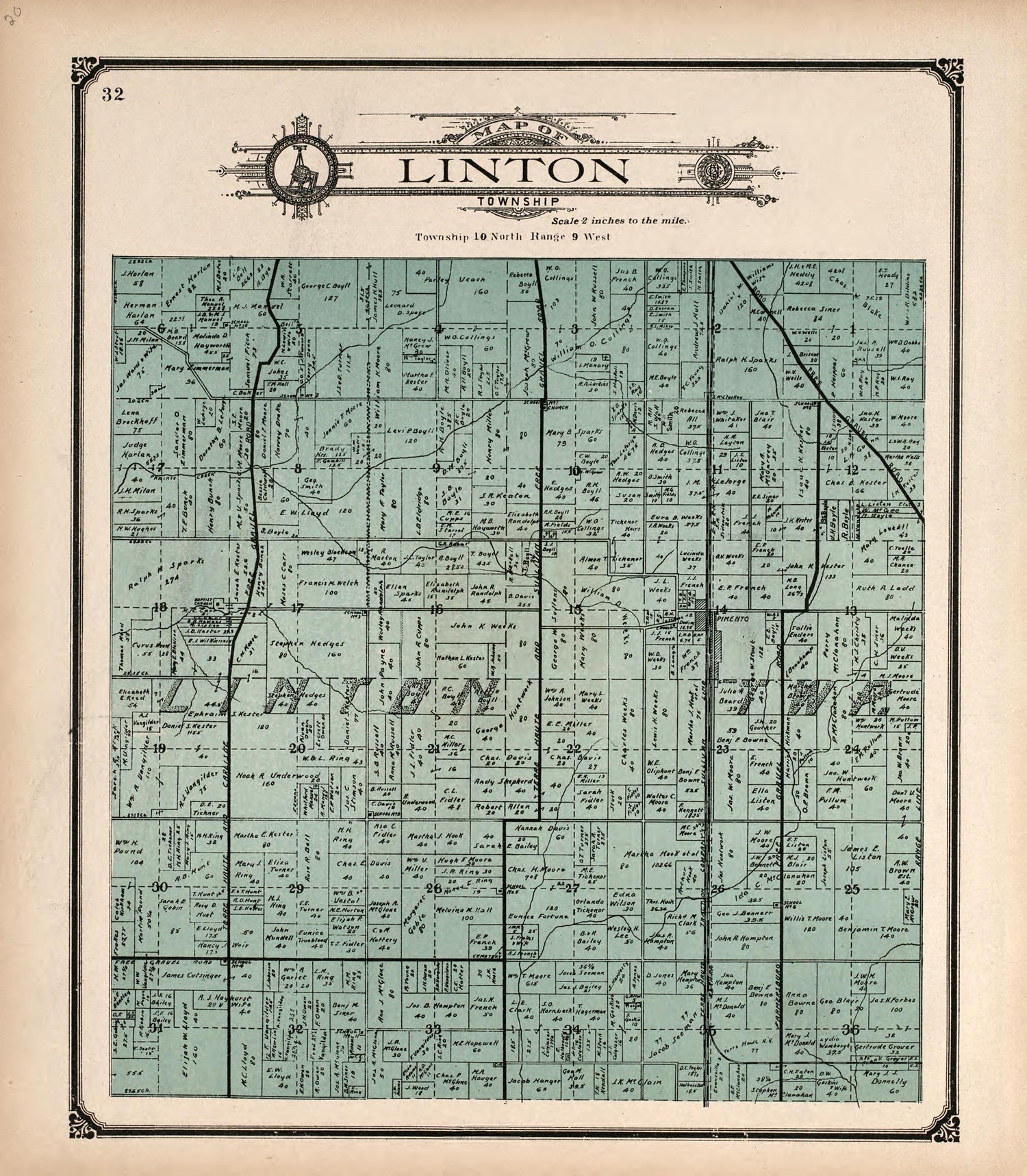 Linton Township from Standard Atlas of Vigo County, Indiana : Including a Plat Book of the Villages, Cities and Townships of the County, Map of State and United States and World 1907 by Relic Map Company