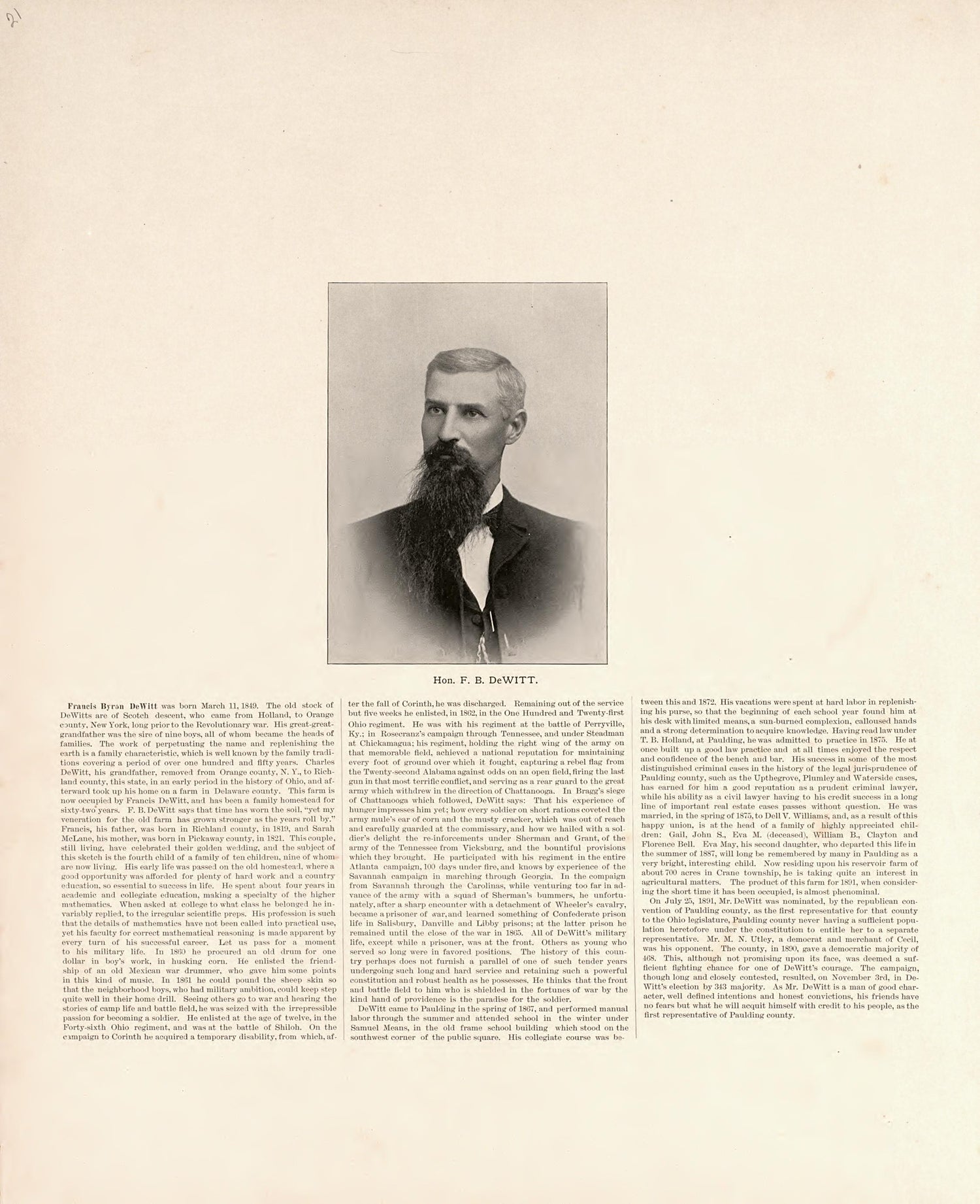 Portrait; Biography from Historical Atlas of Paulding County, Ohio : Containing Maps of Paulding County, Townships, Towns and Villages : Also Maps of the United States and State of Ohio, Together With a Statement of … 1892 by Relic Map Company