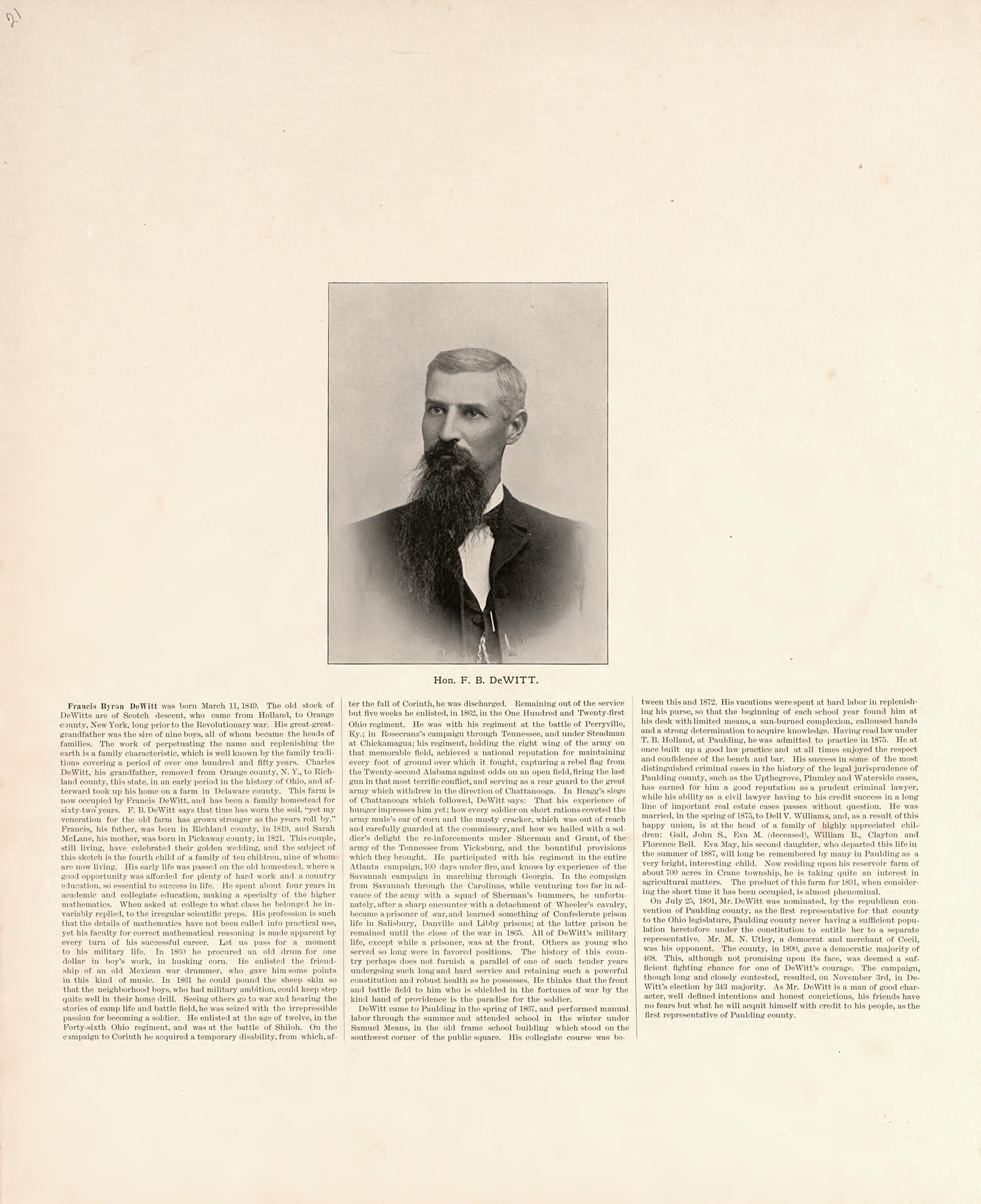 Portrait; Biography from Historical Atlas of Paulding County, Ohio : Containing Maps of Paulding County, Townships, Towns and Villages : Also Maps of the United States and State of Ohio, Together With a Statement of … 1892 by Relic Map Company