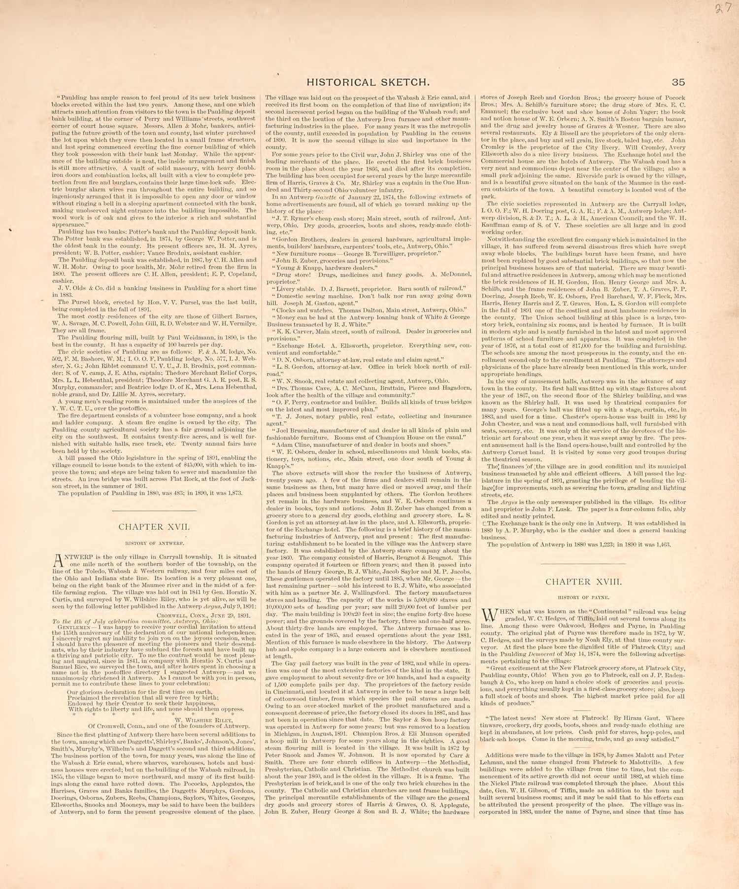 Historical Sketch from Historical Atlas of Paulding County, Ohio : Containing Maps of Paulding County, Townships, Towns and Villages : Also Maps of the United States and State of Ohio, Together With a Statement of … 1892 by Relic Map Company