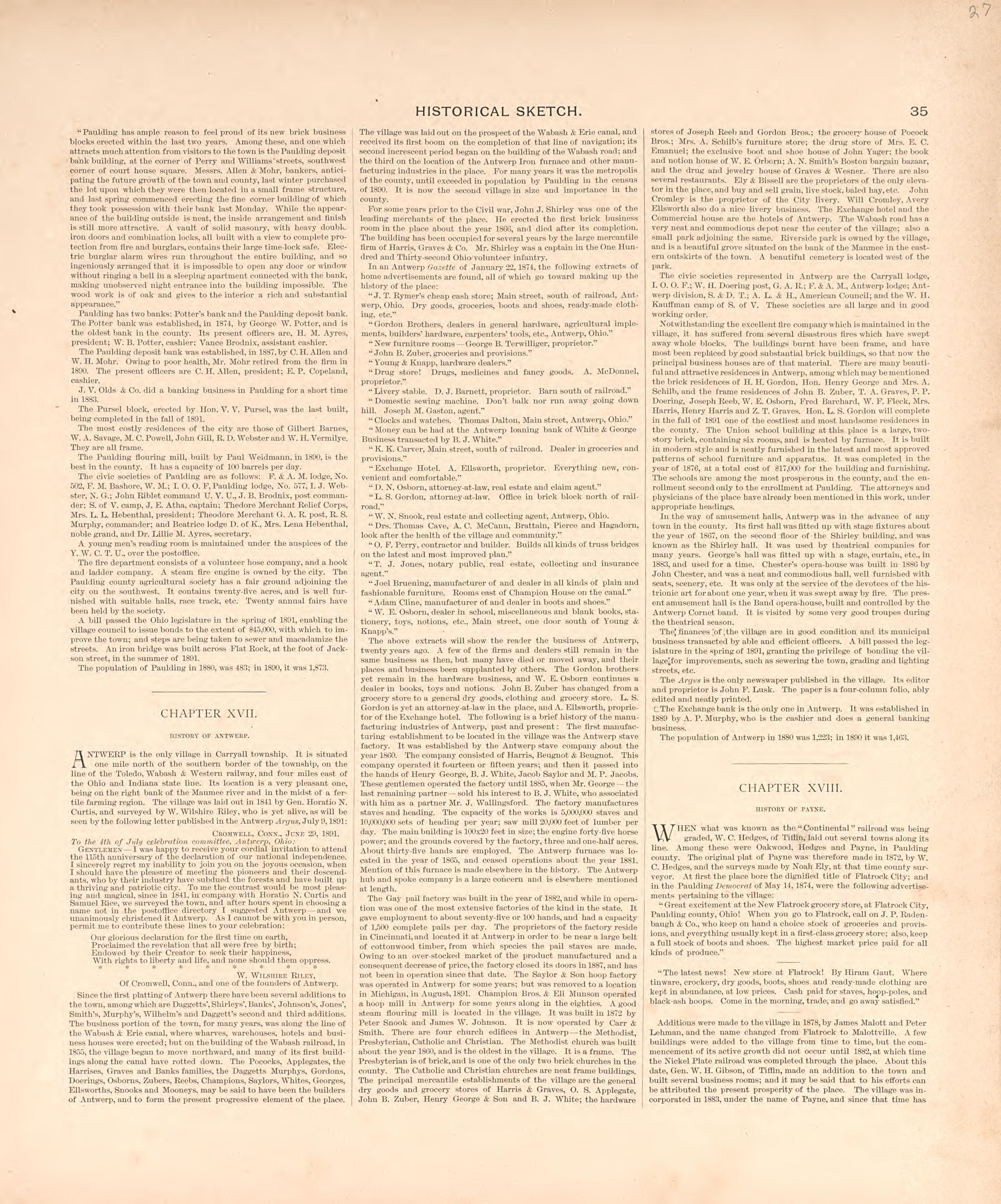 Historical Sketch from Historical Atlas of Paulding County, Ohio : Containing Maps of Paulding County, Townships, Towns and Villages : Also Maps of the United States and State of Ohio, Together With a Statement of … 1892 by Relic Map Company
