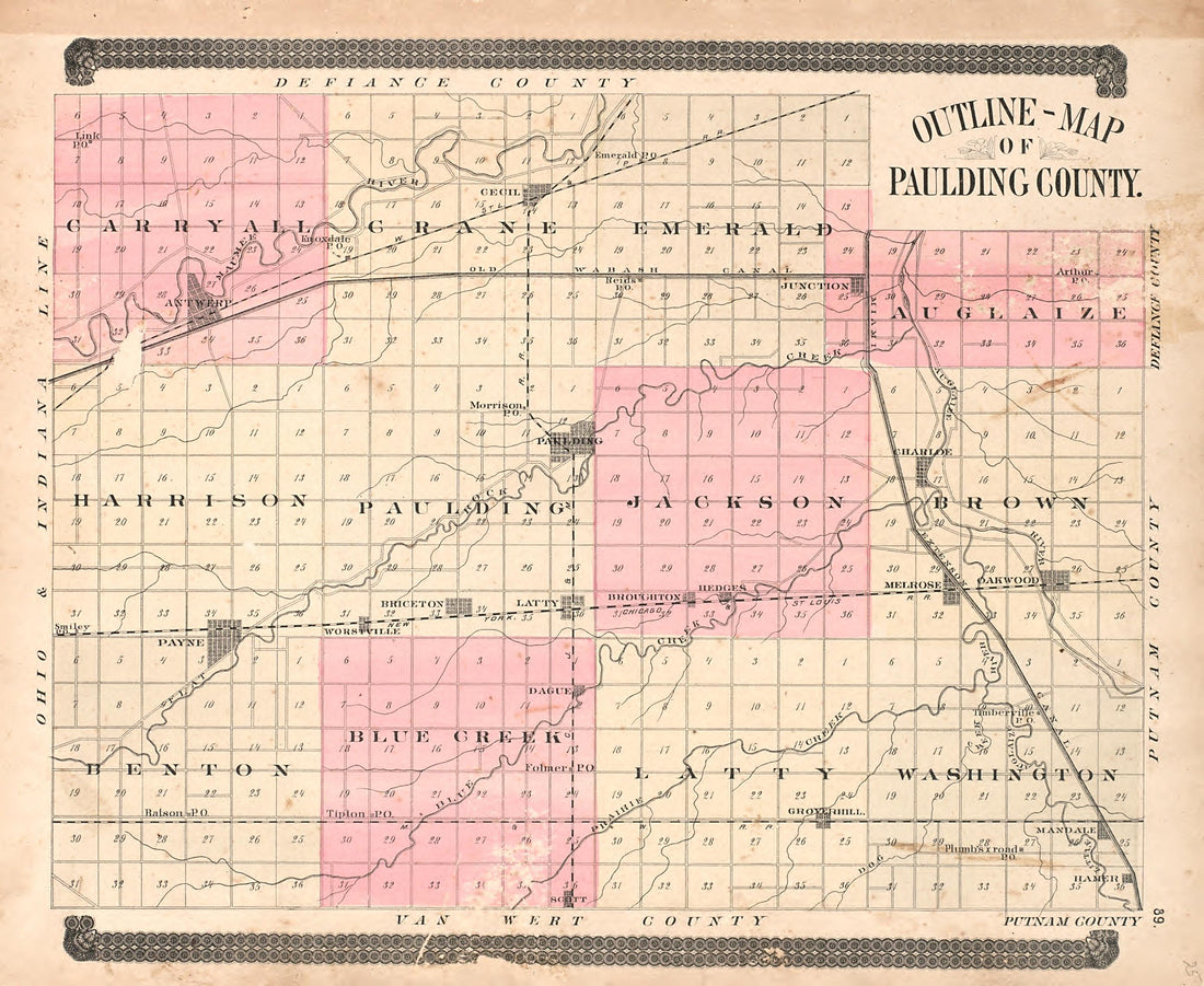Outline Map of Paulding County from Historical Atlas of Paulding County, Ohio : Containing Maps of Paulding County, Townships, Towns and Villages : Also Maps of the United States and State of Ohio, Together With a Statement of … 1892 by Relic Map Company
