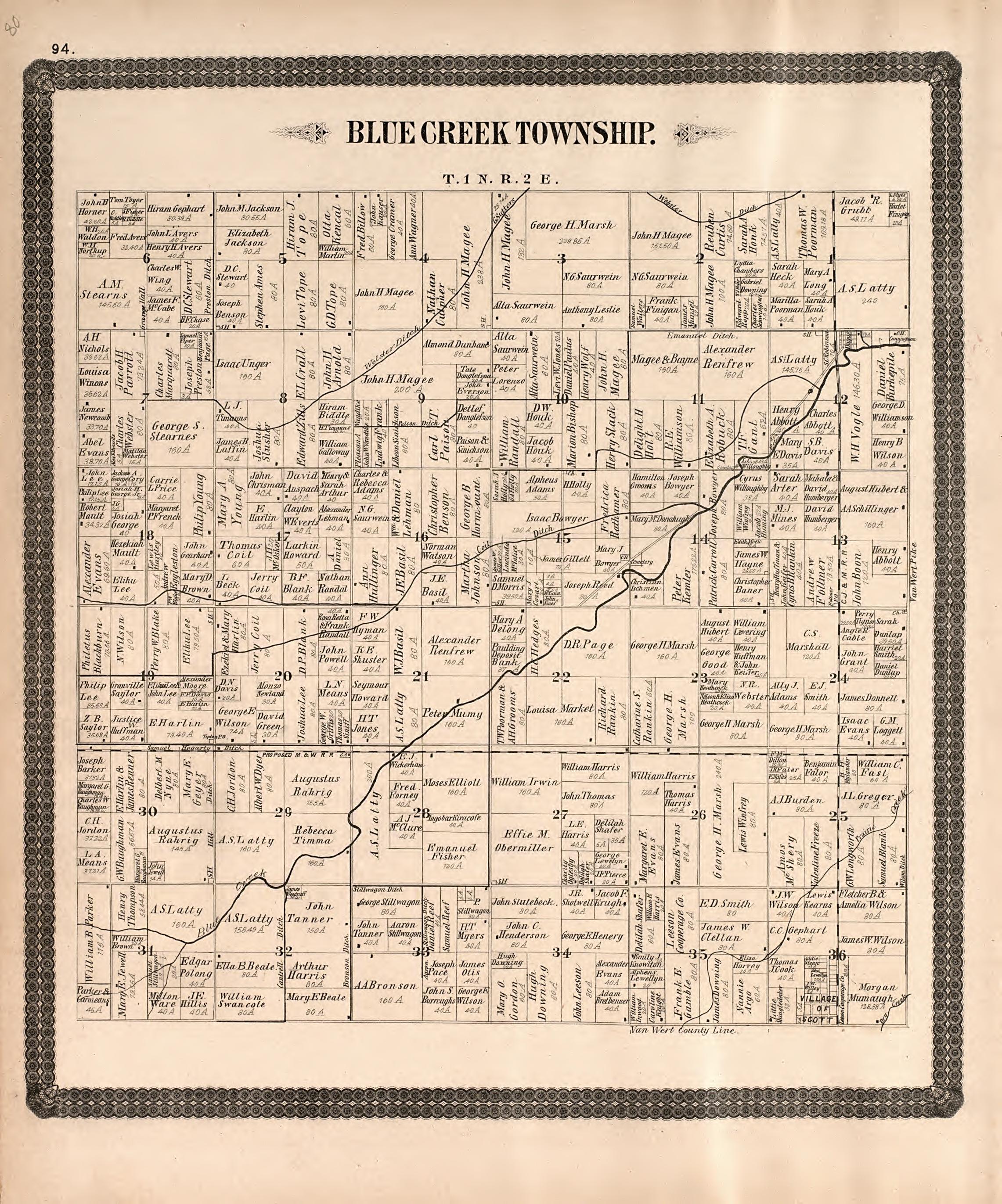 Blue Creek Township from Historical Atlas of Paulding County, Ohio : Containing Maps of Paulding County, Townships, Towns and Villages : Also Maps of the United States and State of Ohio, Together With a Statement of … 1892 by Relic Map Company