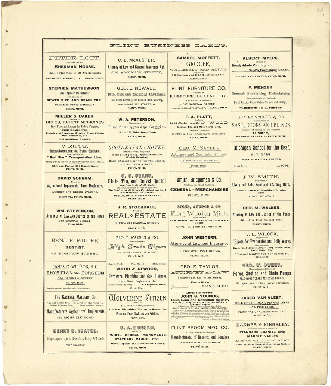 Flint Business Cards from Atlas of Genesee County, Michigan : Containing Maps of Every Township In the County, With Village and City Plats ... : from Actual Surveys and Official Records 1889 by Relic Map Company