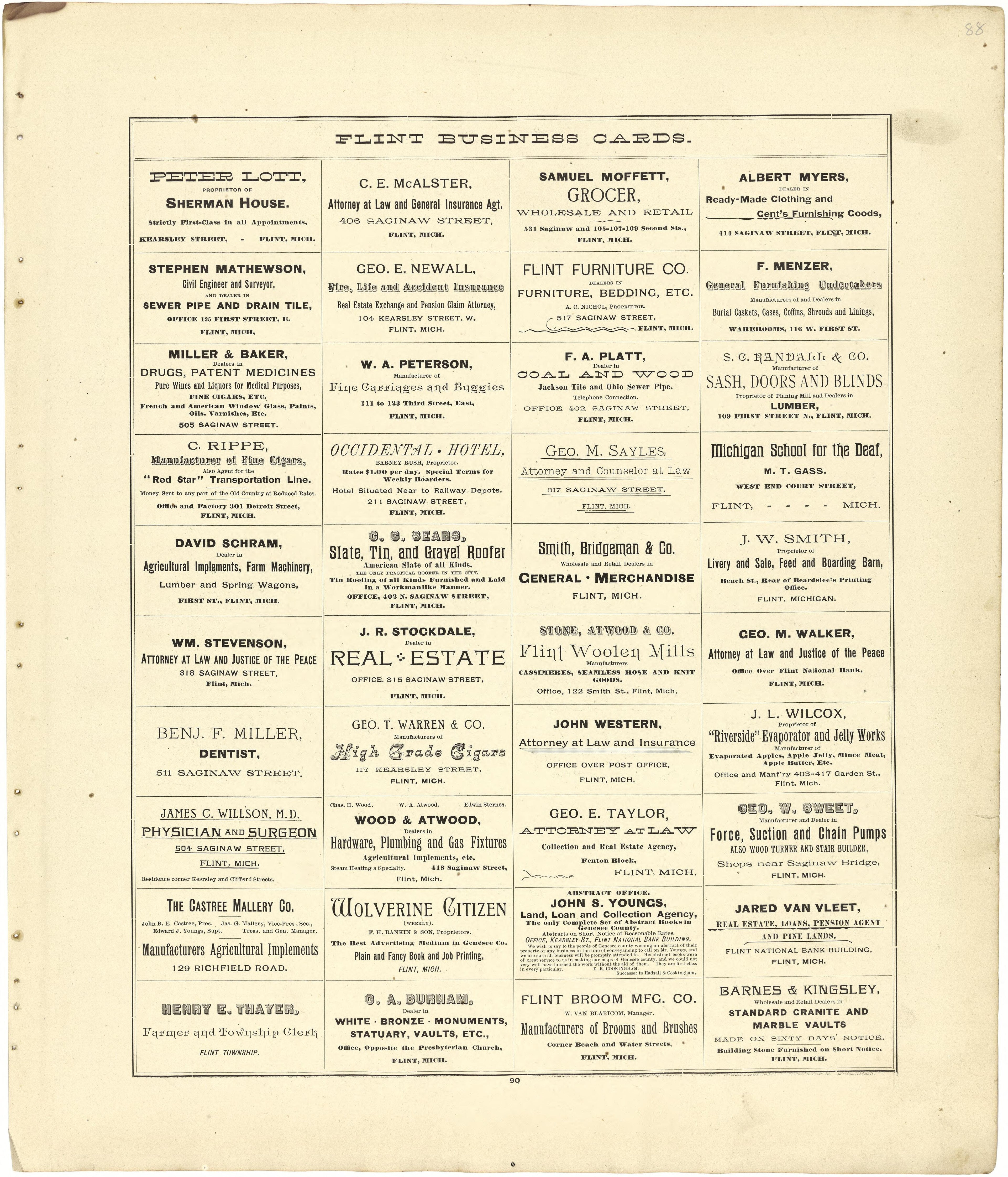 Flint Business Cards from Atlas of Genesee County, Michigan : Containing Maps of Every Township In the County, With Village and City Plats ... : from Actual Surveys and Official Records 1889 by Relic Map Company