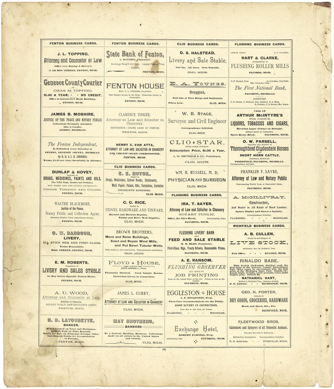 Business Cards from Atlas of Genesee County, Michigan : Containing Maps of Every Township In the County, With Village and City Plats ... : from Actual Surveys and Official Records 1889 by Relic Map Company
