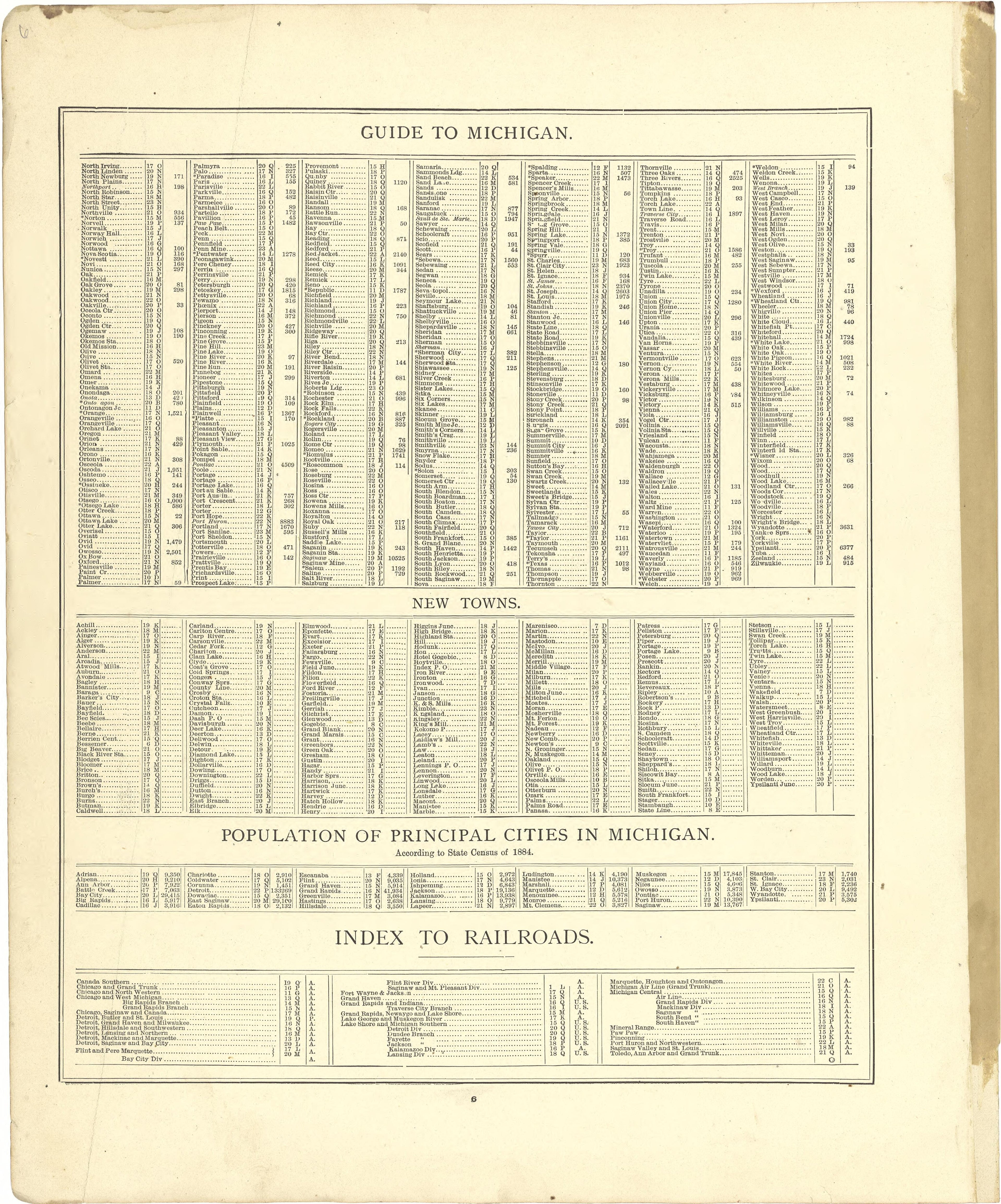 Guide to Michigan; New Towns; Population of Principal Cities In Michigan; from Atlas of Genesee County, Michigan : Containing Maps of Every Township In the County, With Village and City Plats ... : from Actual Surveys and Official Records 1889 by Relic Map Company