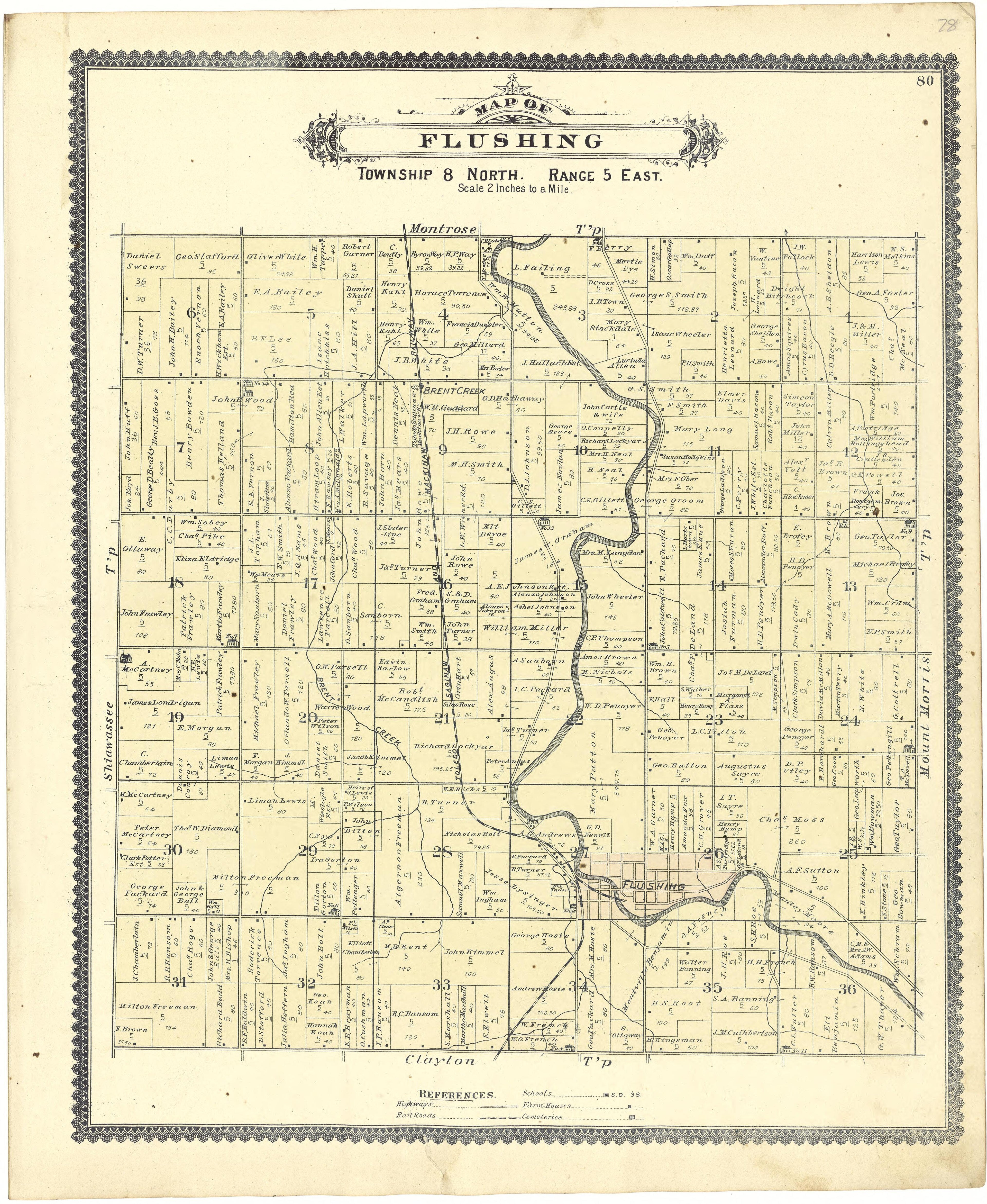 Map of Flushing from Atlas of Genesee County, Michigan : Containing Maps of Every Township In the County, With Village and City Plats ... : from Actual Surveys and Official Records 1889 by Relic Map Company