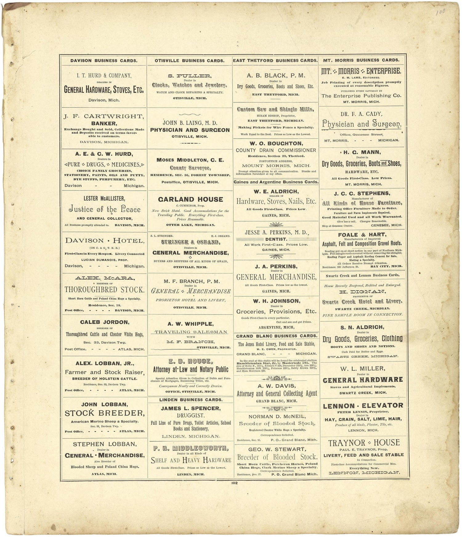 Business Cards from Atlas of Genesee County, Michigan : Containing Maps of Every Township In the County, With Village and City Plats ... : from Actual Surveys and Official Records 1889 by Relic Map Company
