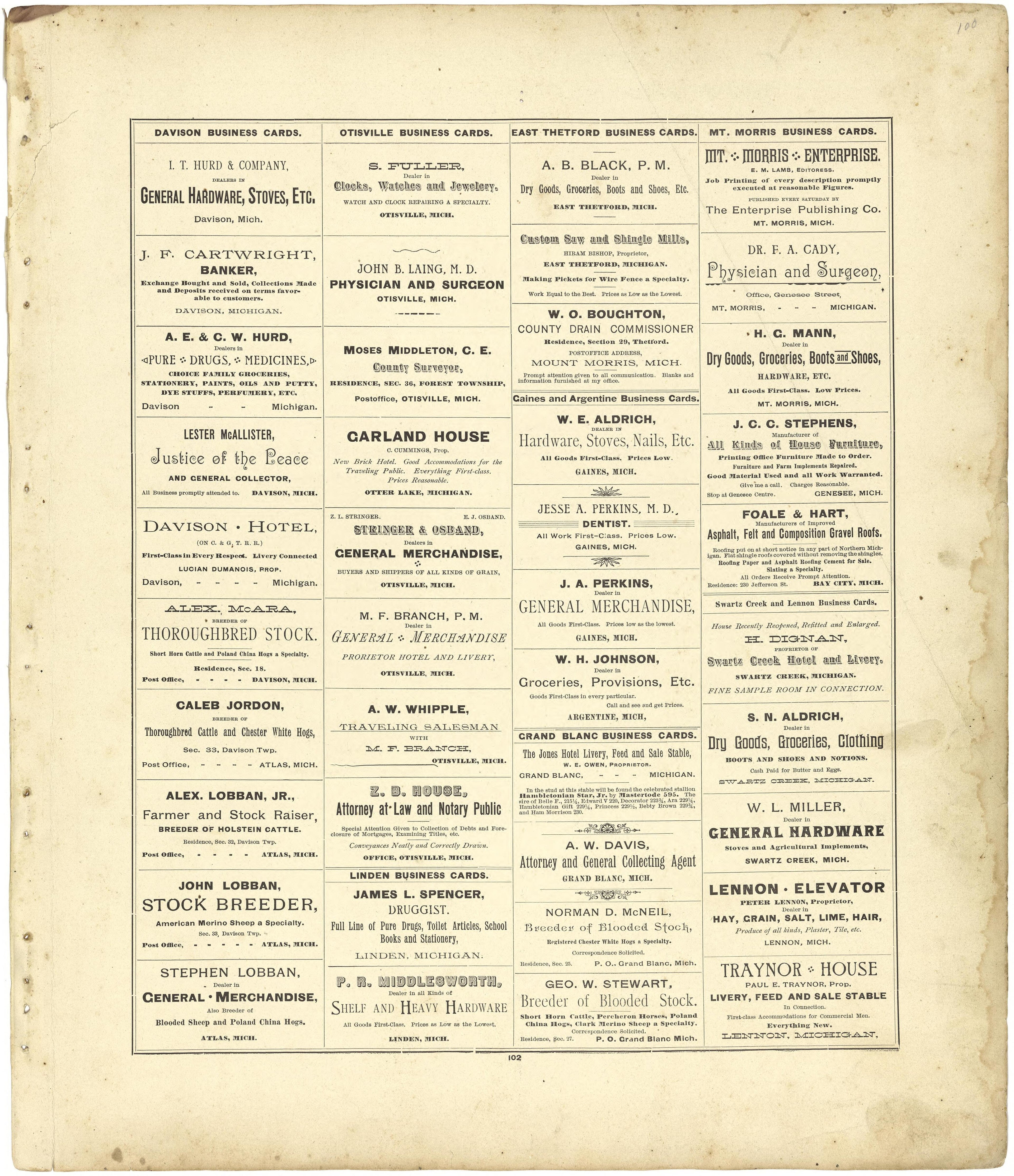 Business Cards from Atlas of Genesee County, Michigan : Containing Maps of Every Township In the County, With Village and City Plats ... : from Actual Surveys and Official Records 1889 by Relic Map Company