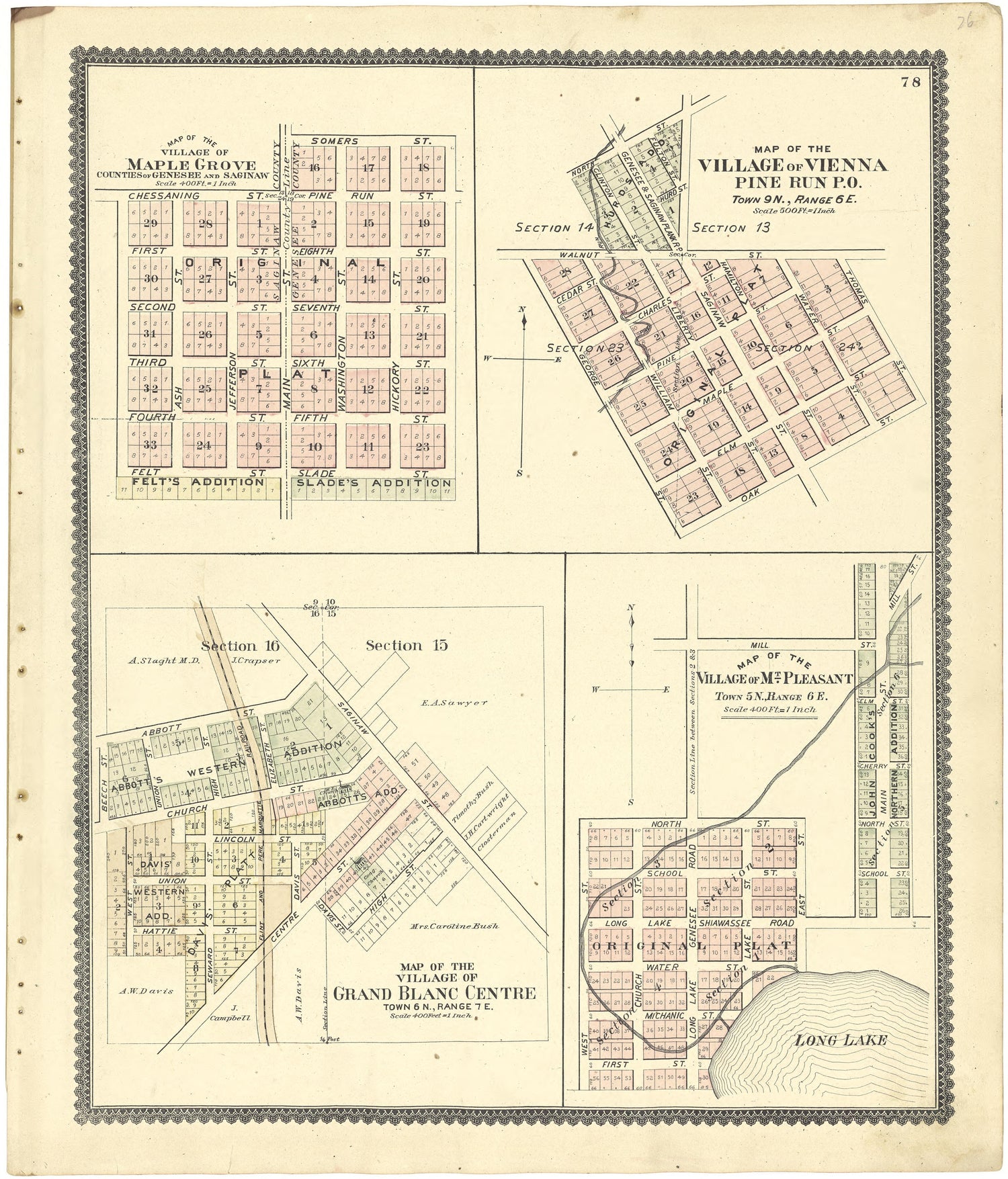 Map of the Village of Maple Grove; Map of the Village of Vienna Pine Run P.O. from Atlas of Genesee County, Michigan : Containing Maps of Every Township In the County, With Village and City Plats ... : from Actual Surveys and Official Records 1889 by Relic Map Company