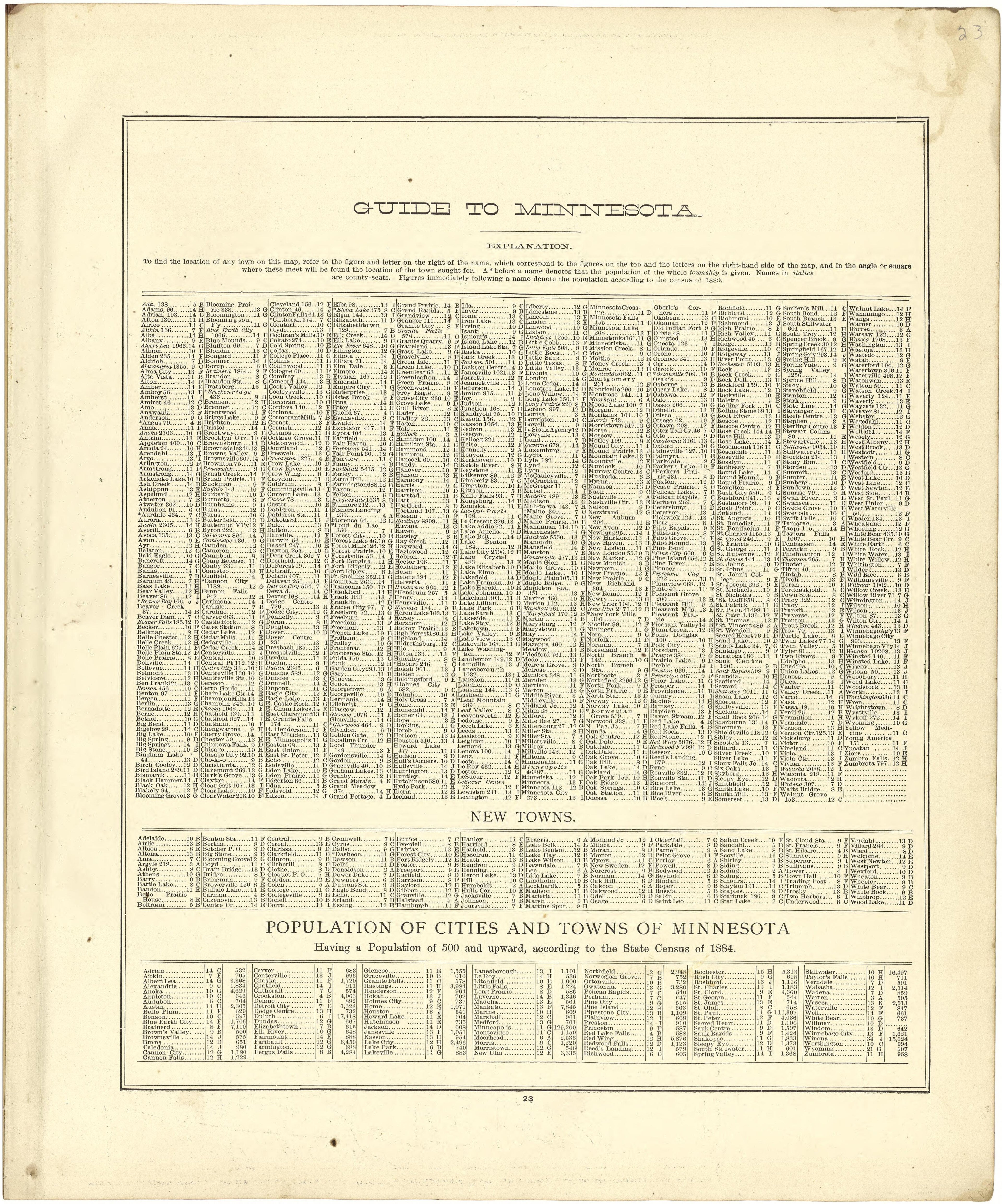 Guide to Minnesota; New Towns; Population of Cities and Towns of Minnesota from Atlas of Genesee County, Michigan : Containing Maps of Every Township In the County, With Village and City Plats ... : from Actual Surveys and Official Records 1889 by Relic Map Company