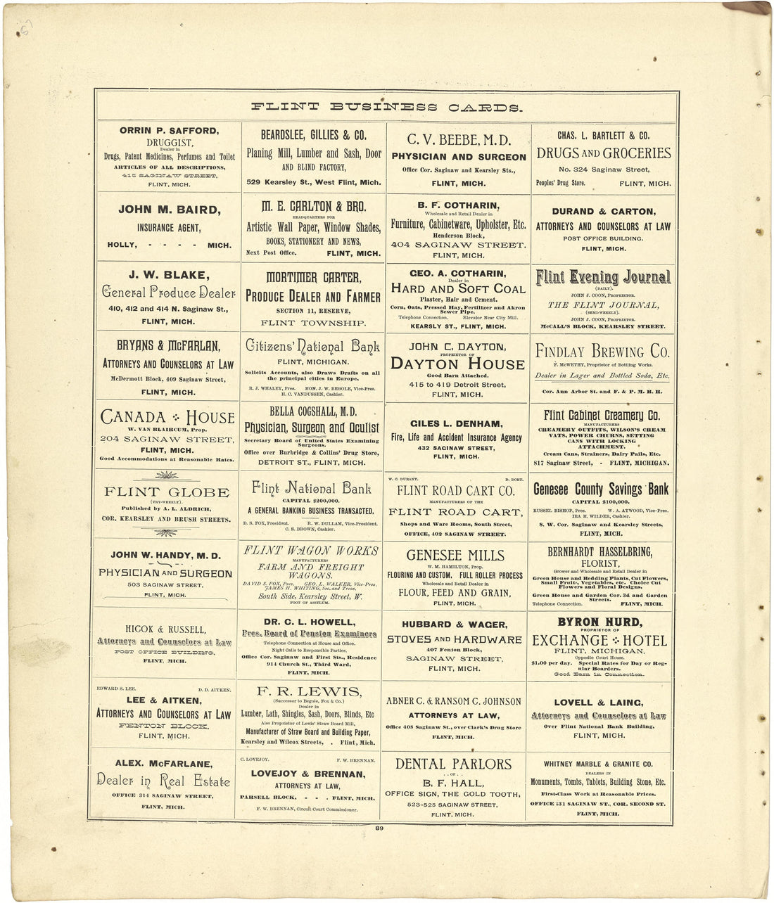 Flint Business Cards from Atlas of Genesee County, Michigan : Containing Maps of Every Township In the County, With Village and City Plats ... : from Actual Surveys and Official Records 1889 by Relic Map Company