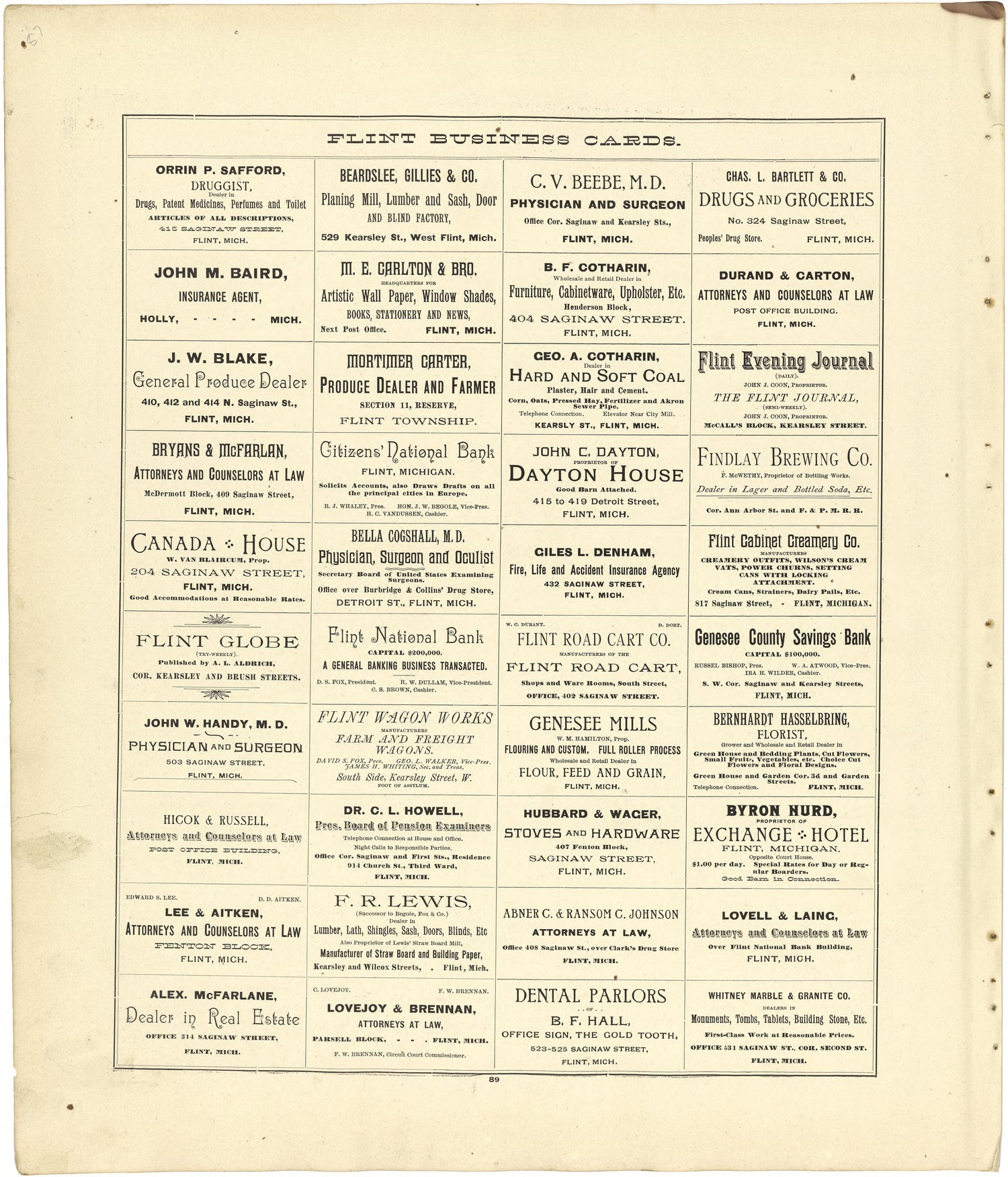 Flint Business Cards from Atlas of Genesee County, Michigan : Containing Maps of Every Township In the County, With Village and City Plats ... : from Actual Surveys and Official Records 1889 by Relic Map Company