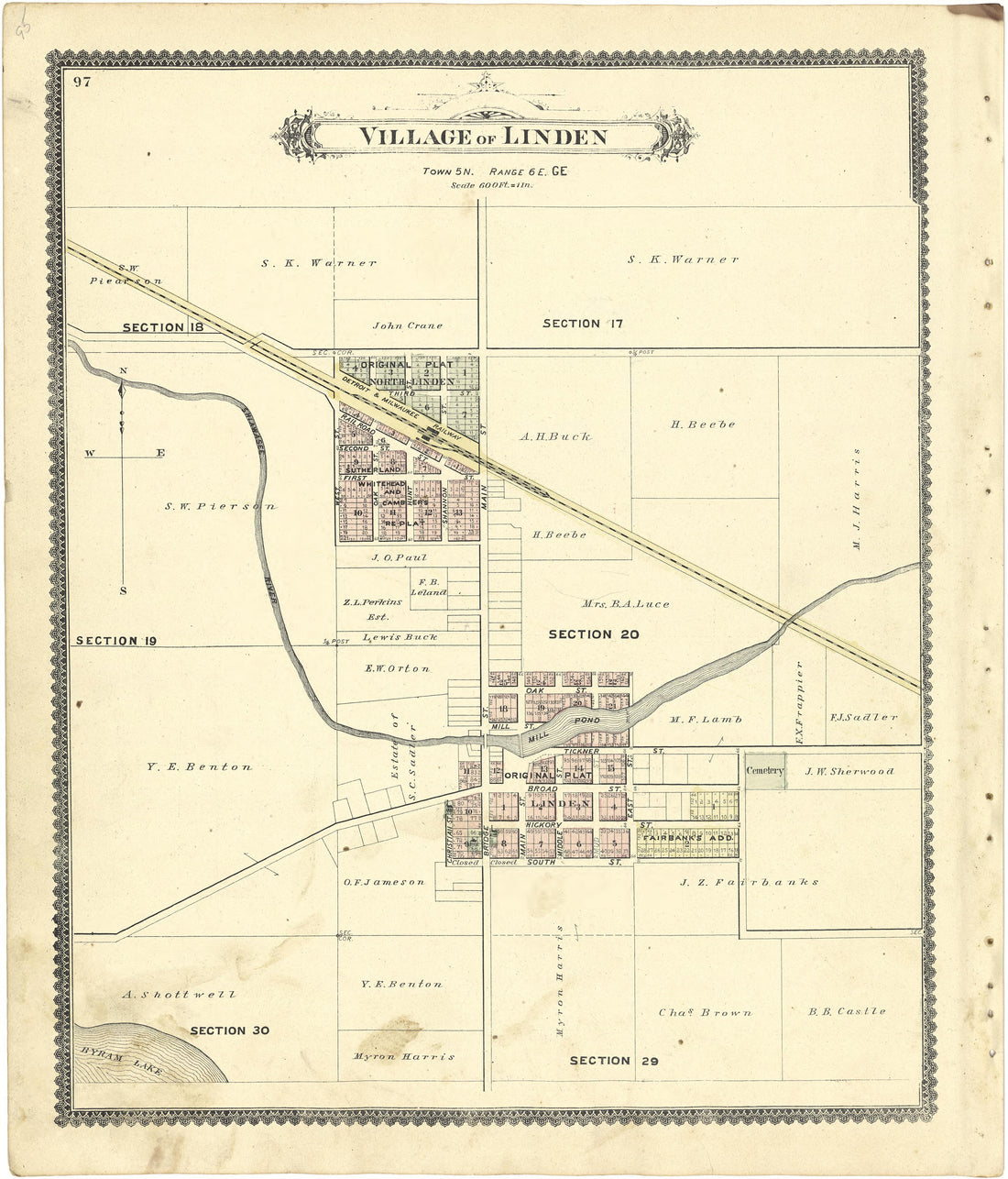 Village of Linden from Atlas of Genesee County, Michigan : Containing Maps of Every Township In the County, With Village and City Plats ... : from Actual Surveys and Official Records 1889 by Relic Map Company