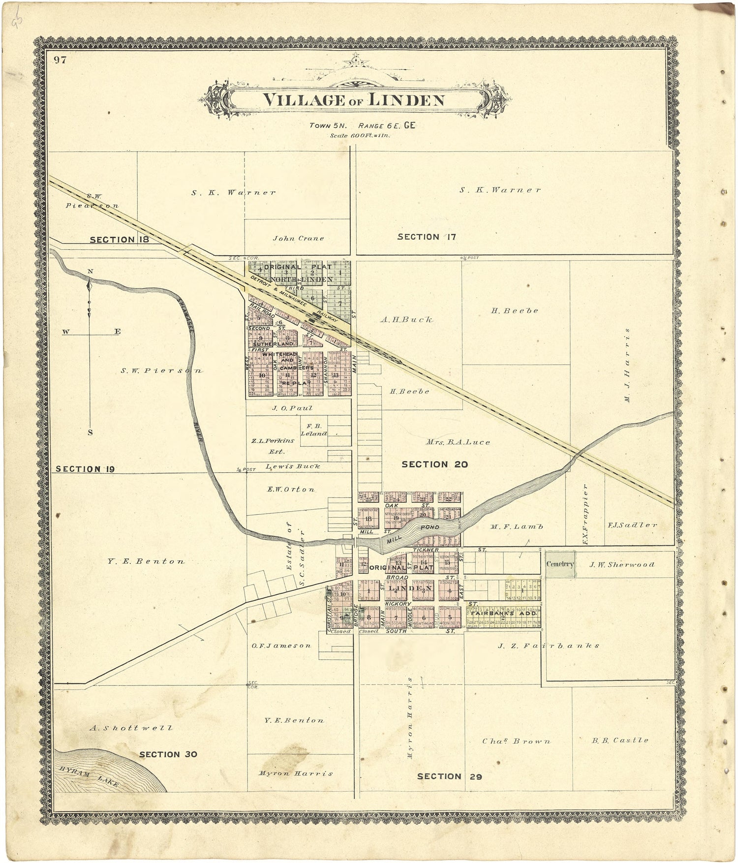 Village of Linden from Atlas of Genesee County, Michigan : Containing Maps of Every Township In the County, With Village and City Plats ... : from Actual Surveys and Official Records 1889 by Relic Map Company