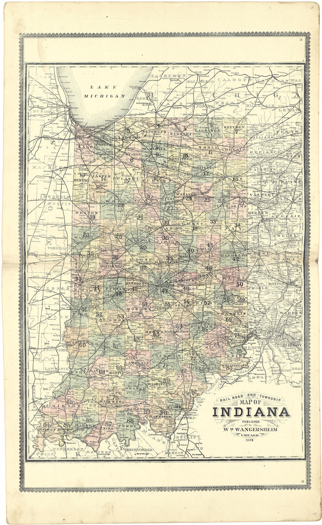 Railroad and Township Map of Indiana from Atlas of Genesee County, Michigan : Containing Maps of Every Township In the County, With Village and City Plats ... : from Actual Surveys and Official Records 1889 by Relic Map Company