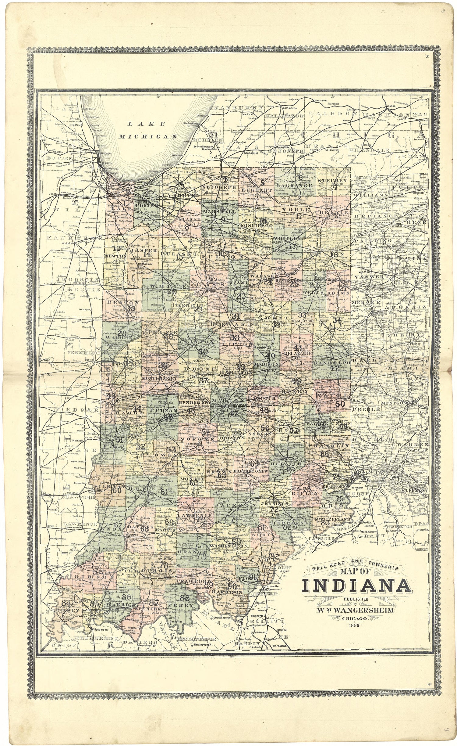 Railroad and Township Map of Indiana from Atlas of Genesee County, Michigan : Containing Maps of Every Township In the County, With Village and City Plats ... : from Actual Surveys and Official Records 1889 by Relic Map Company