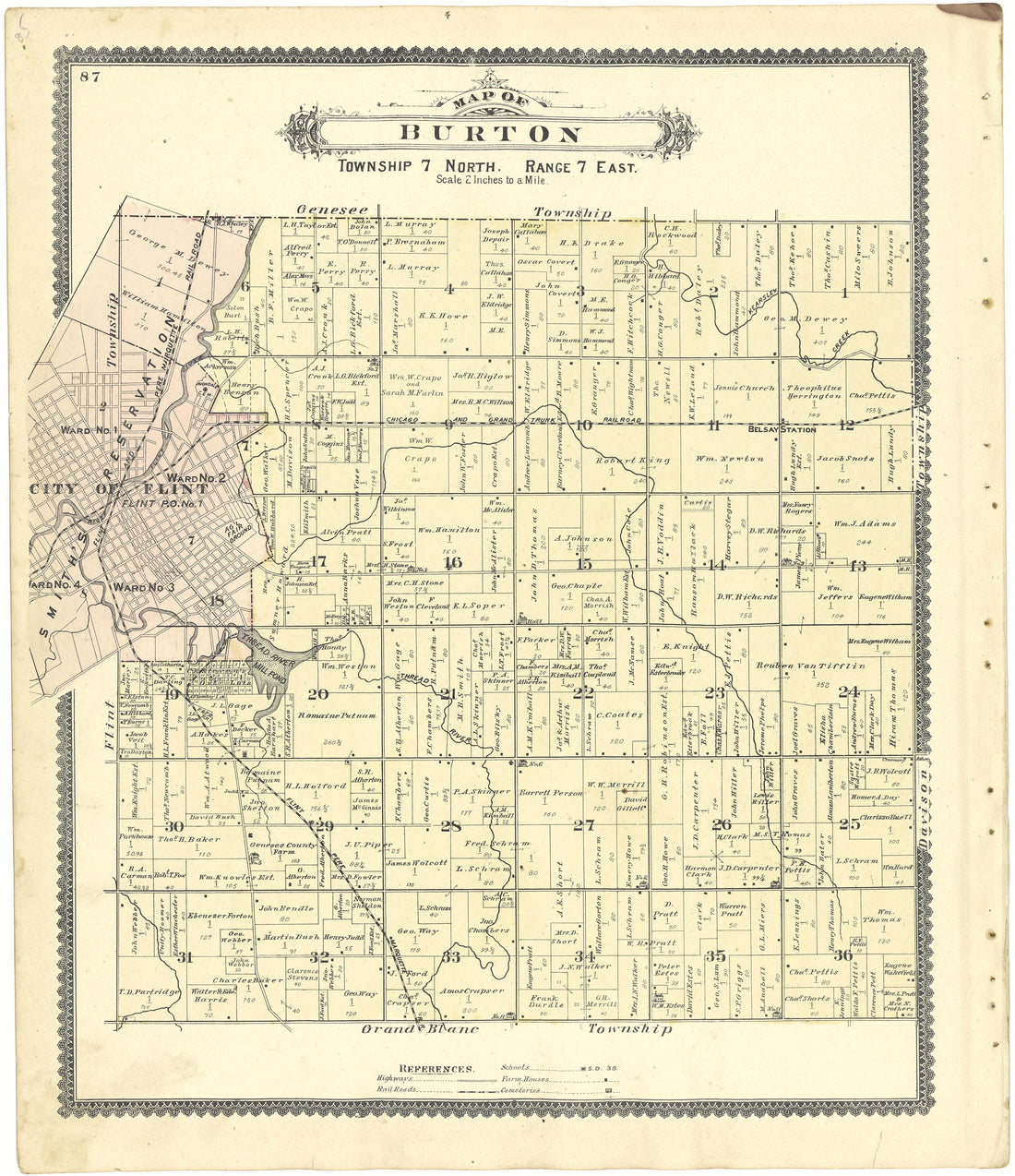 Map of Burton from Atlas of Genesee County, Michigan : Containing Maps of Every Township In the County, With Village and City Plats ... : from Actual Surveys and Official Records 1889 by Relic Map Company