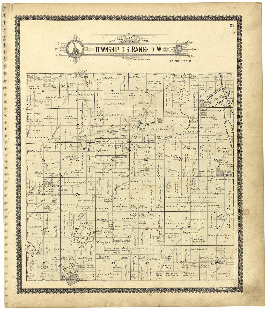 Map of Township 3 S. Range X W. from Standard Atlas of Monroe County, Illinois : Including a Plat Book of the Villages, Cities and Townships of the County, Map of the State, United States and World, Patrons Directory, Reference Business … 1901 by Relic Map Company