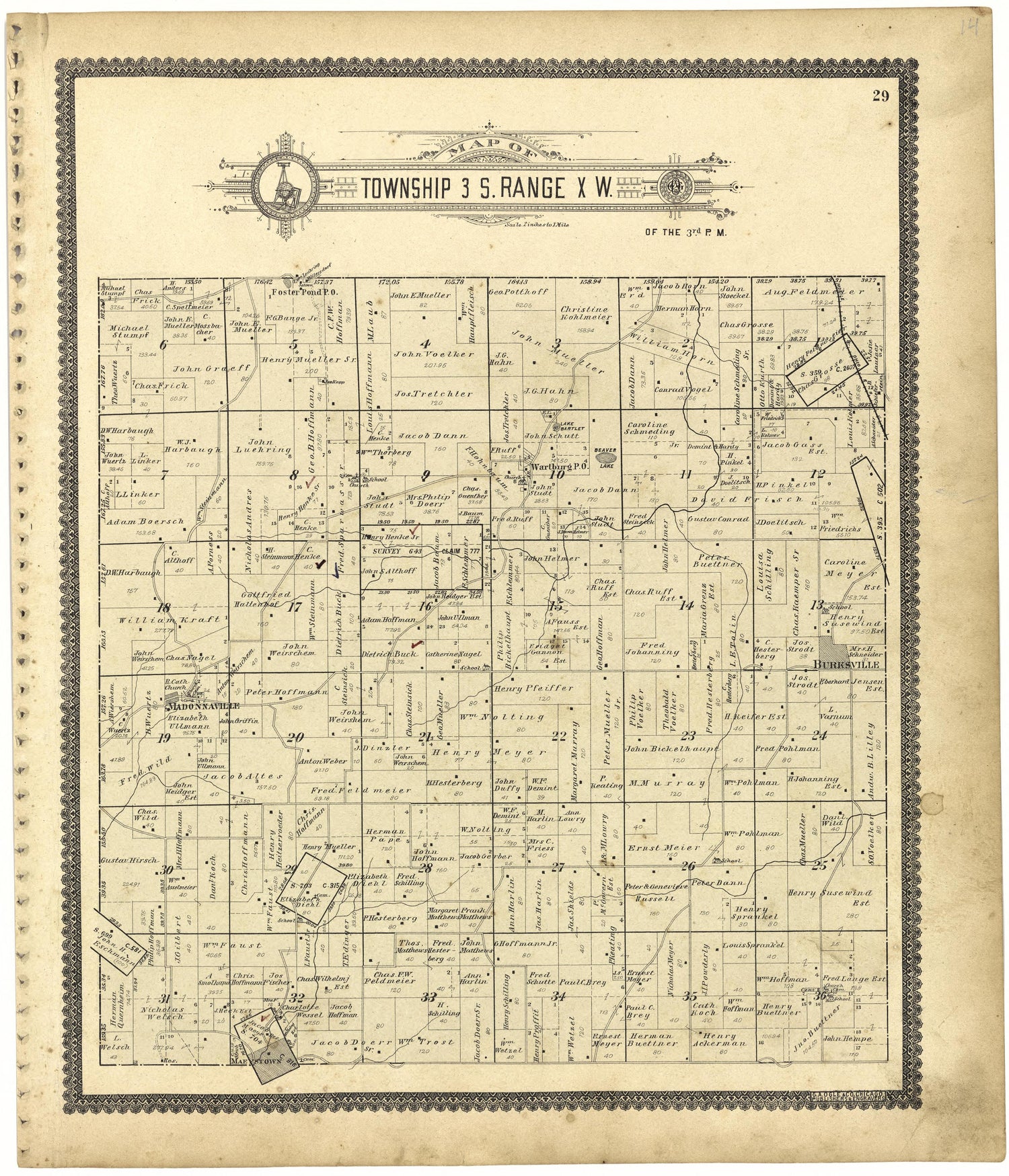 Map of Township 3 S. Range X W. from Standard Atlas of Monroe County, Illinois : Including a Plat Book of the Villages, Cities and Townships of the County, Map of the State, United States and World, Patrons Directory, Reference Business … 1901 by Relic Map Company