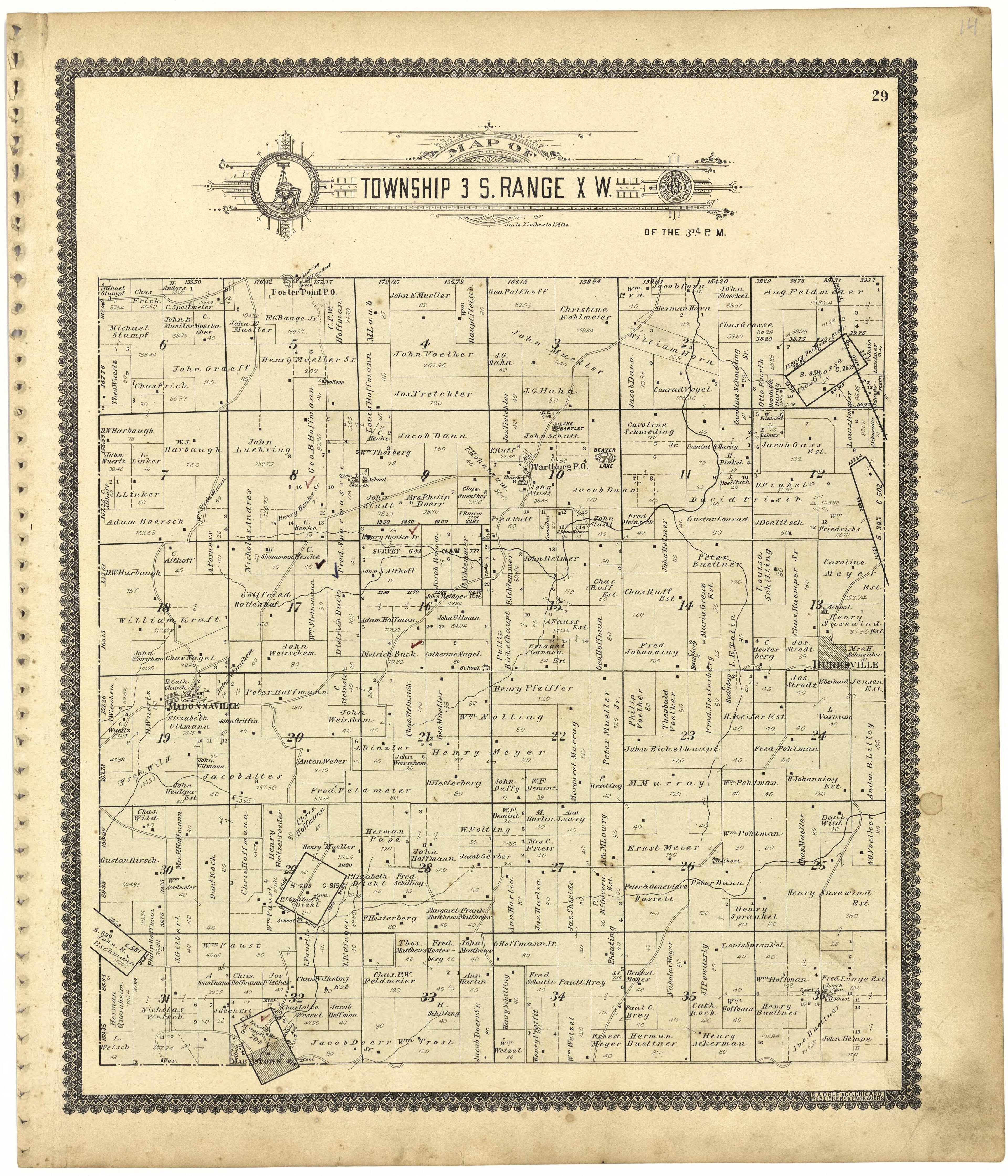 Map of Township 3 S. Range X W. from Standard Atlas of Monroe County, Illinois : Including a Plat Book of the Villages, Cities and Townships of the County, Map of the State, United States and World, Patrons Directory, Reference Business … 1901 by Relic Map Company