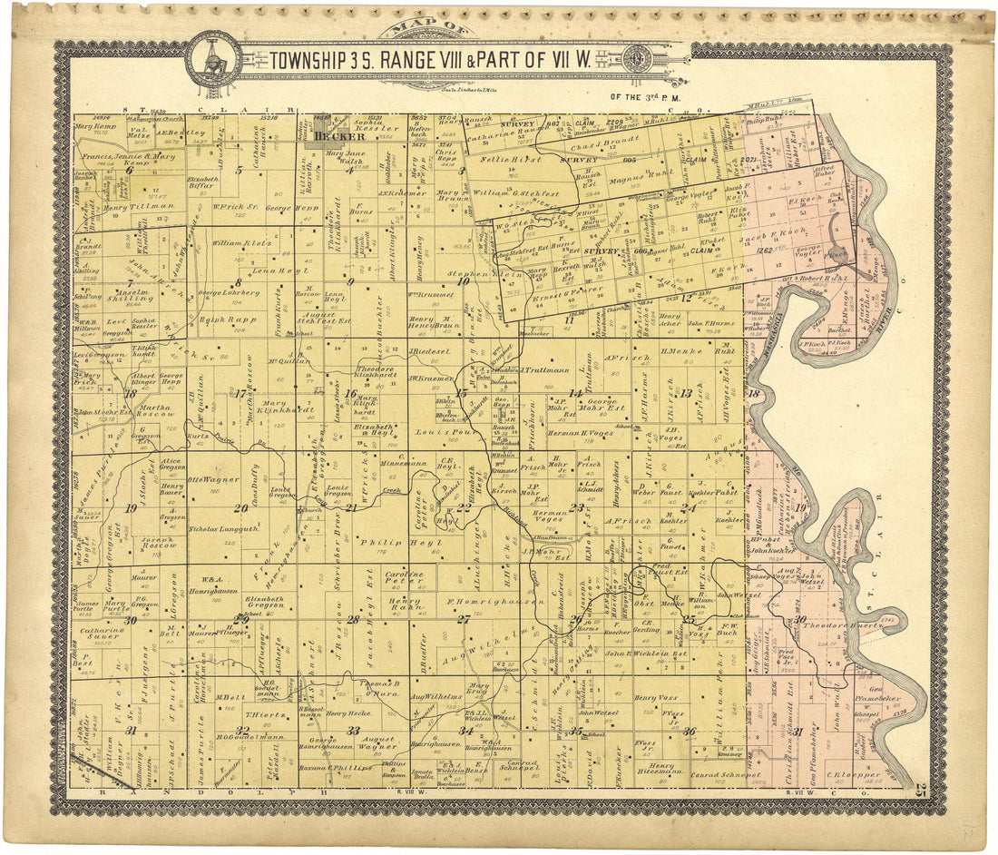 Map of Township 3 S. Range VIII W. from Standard Atlas of Monroe County, Illinois : Including a Plat Book of the Villages, Cities and Townships of the County, Map of the State, United States and World, Patrons Directory, Reference Business … 1901 by Relic Map Company