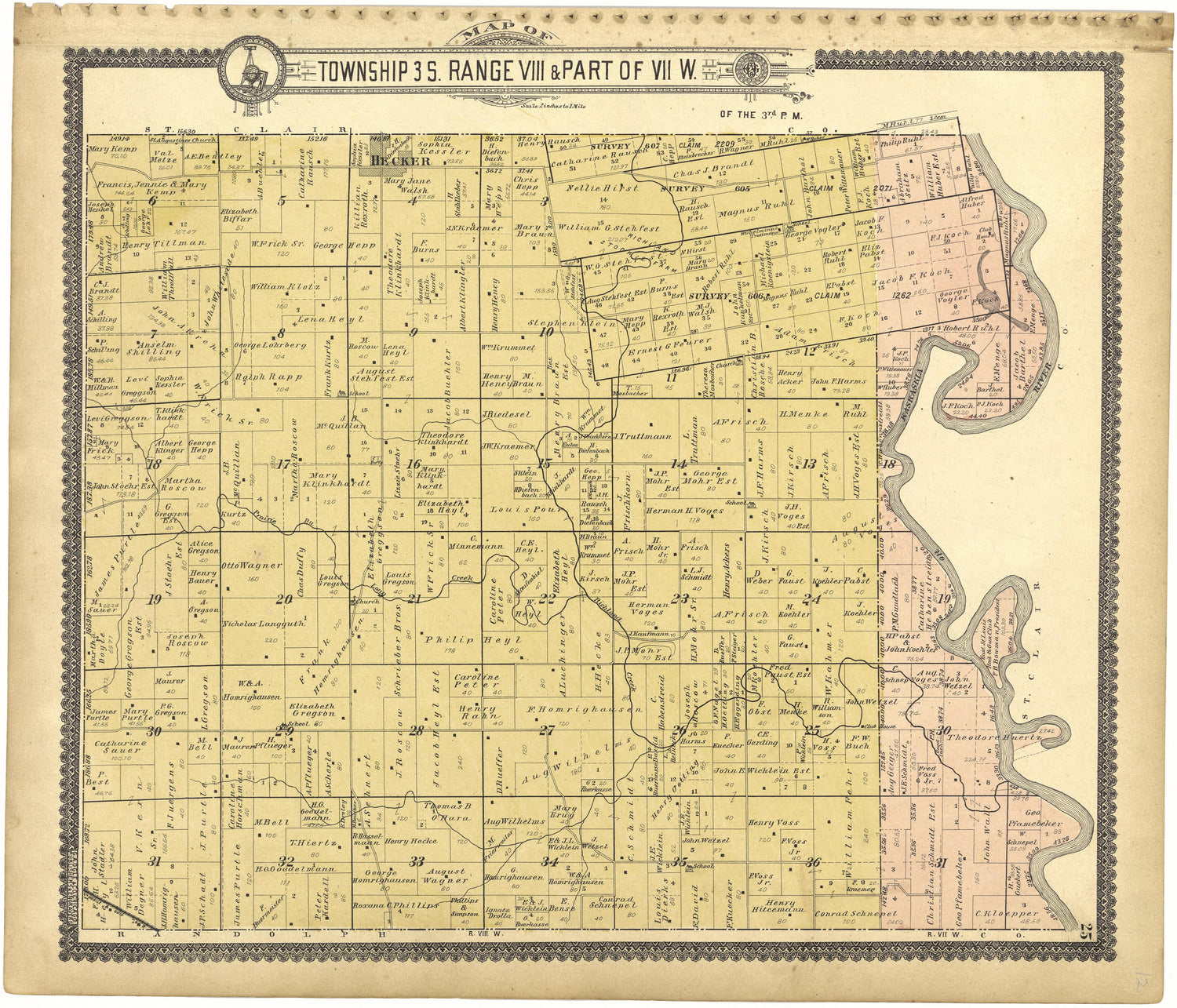 Map of Township 3 S. Range VIII W. from Standard Atlas of Monroe County, Illinois : Including a Plat Book of the Villages, Cities and Townships of the County, Map of the State, United States and World, Patrons Directory, Reference Business … 1901 by Relic Map Company