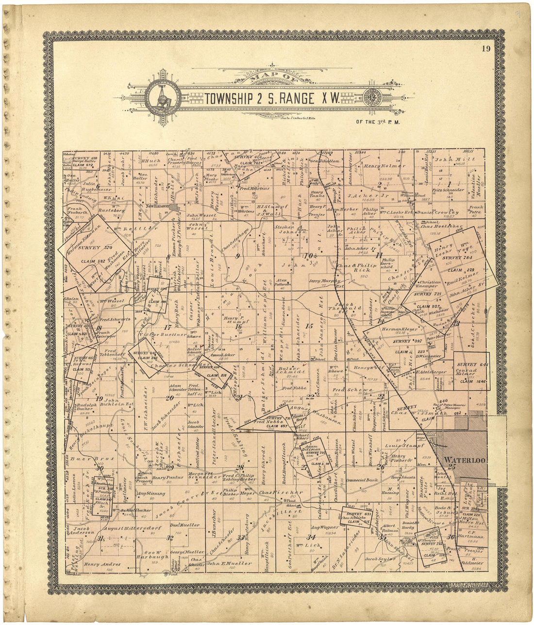 Map of Township 2 S. Range X W. from Standard Atlas of Monroe County, Illinois : Including a Plat Book of the Villages, Cities and Townships of the County, Map of the State, United States and World, Patrons Directory, Reference Business … 1901 by Relic Map Company