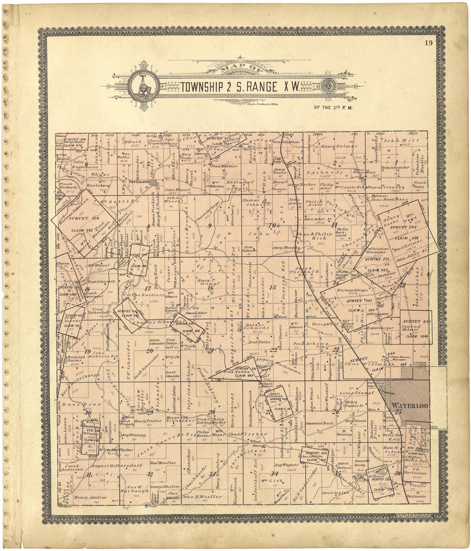Map of Township 2 S. Range X W. from Standard Atlas of Monroe County, Illinois : Including a Plat Book of the Villages, Cities and Townships of the County, Map of the State, United States and World, Patrons Directory, Reference Business … 1901 by Relic Map Company