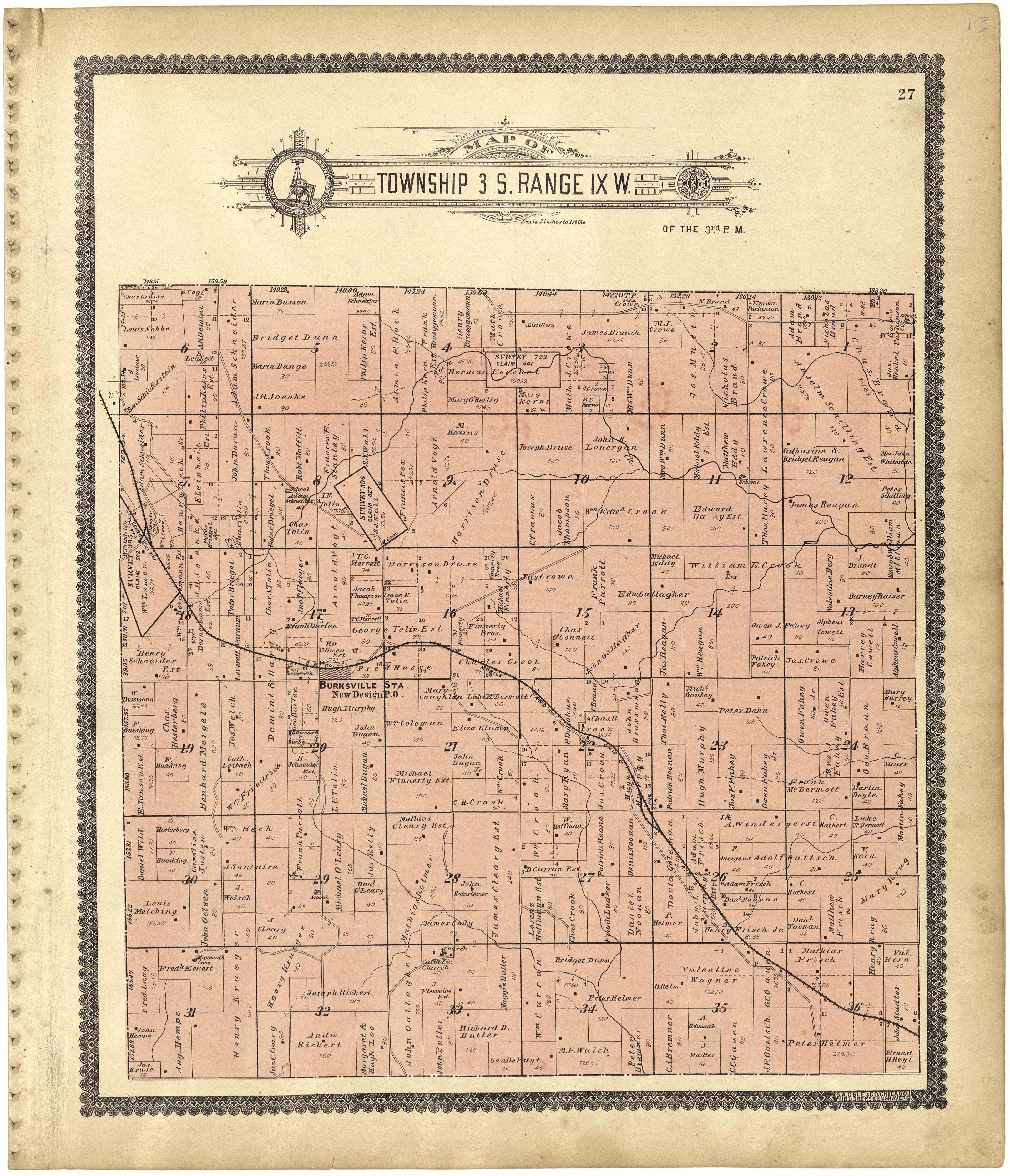 Map of Township 3 S. Range IX W. from Standard Atlas of Monroe County, Illinois : Including a Plat Book of the Villages, Cities and Townships of the County, Map of the State, United States and World, Patrons Directory, Reference Business … 1901 by Relic Map Company