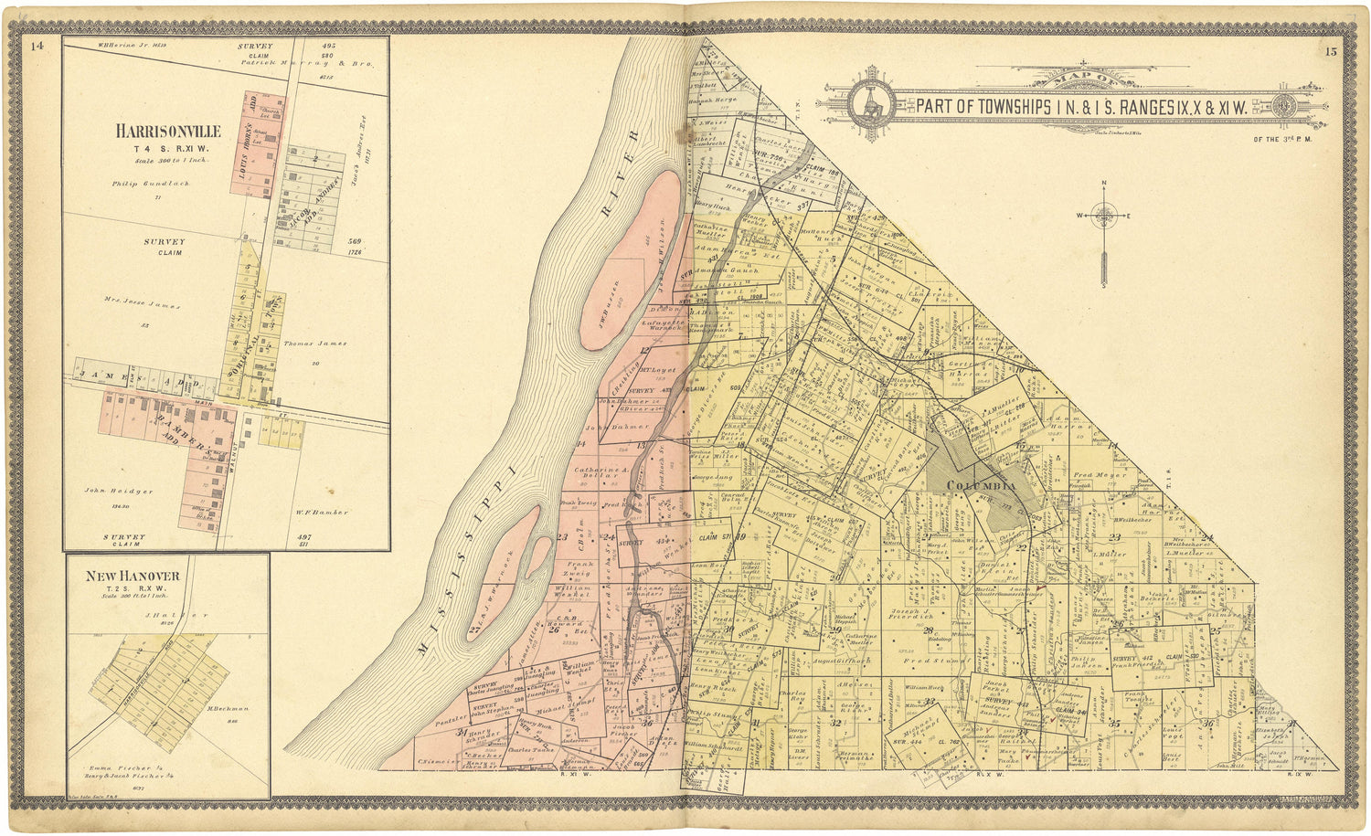 Map of Part of Townships 1 N. &amp; 1 S. Ranges IX, X &amp; XI W. from Standard Atlas of Monroe County, Illinois : Including a Plat Book of the Villages, Cities and Townships of the County, Map of the State, United States and World, Patrons Directory, Referen... by Relic Map Company